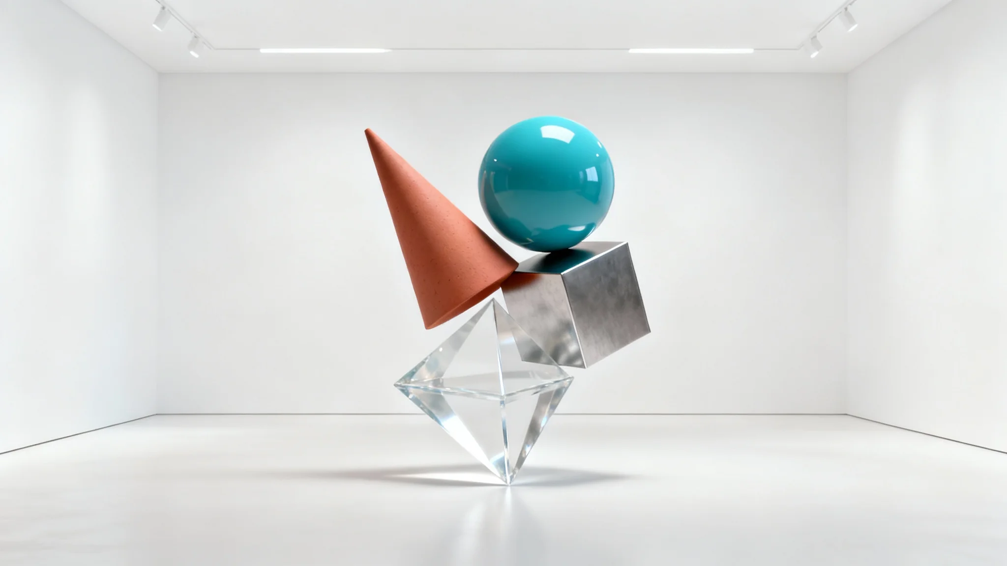 A minimalist composition of various 3D geometric shapes, a cone, sphere, cube, and pyramid, in different colors and textures, floating against a stark white background.