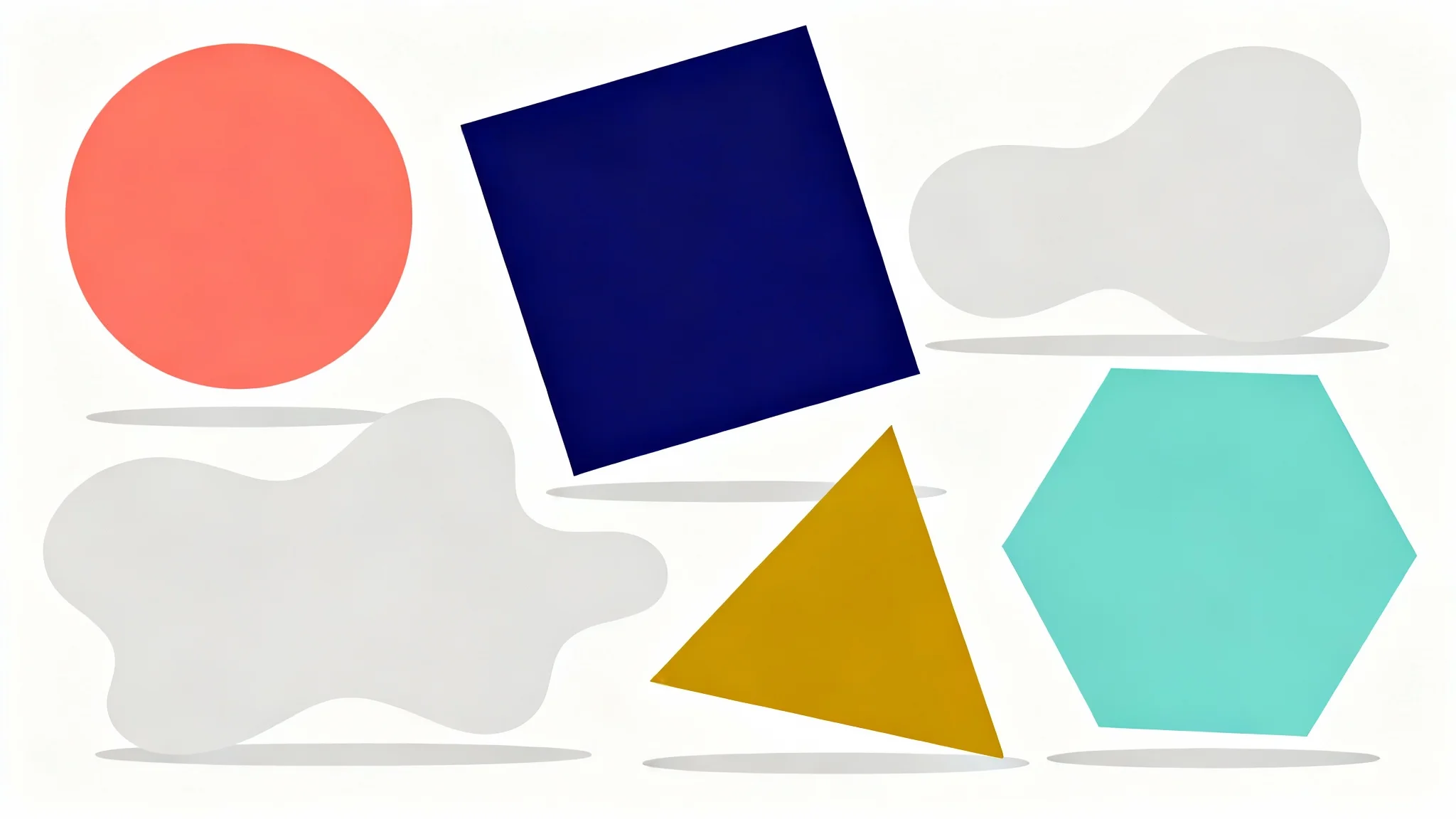 A modern, minimalist arrangement of colorful geometric and organic shapes on a white background, suggesting creative design elements.