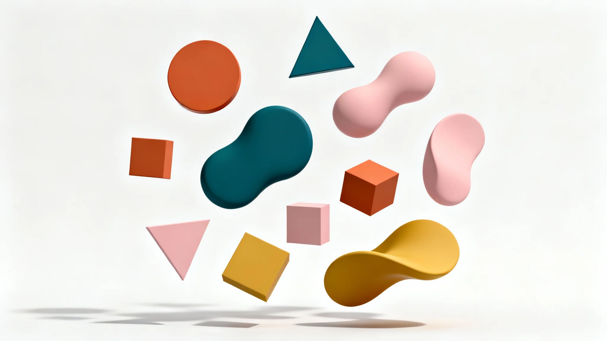 A minimalist graphic design showing a colorful collection of geometric and organic shapes arranged artfully on a clean white background.