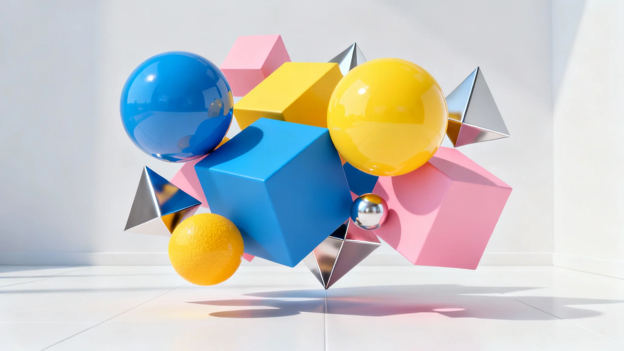 A colorful 3D rendering of various geometric shapes, including a blue sphere, a yellow cube, and a pink pyramid, floating against a plain white background.
