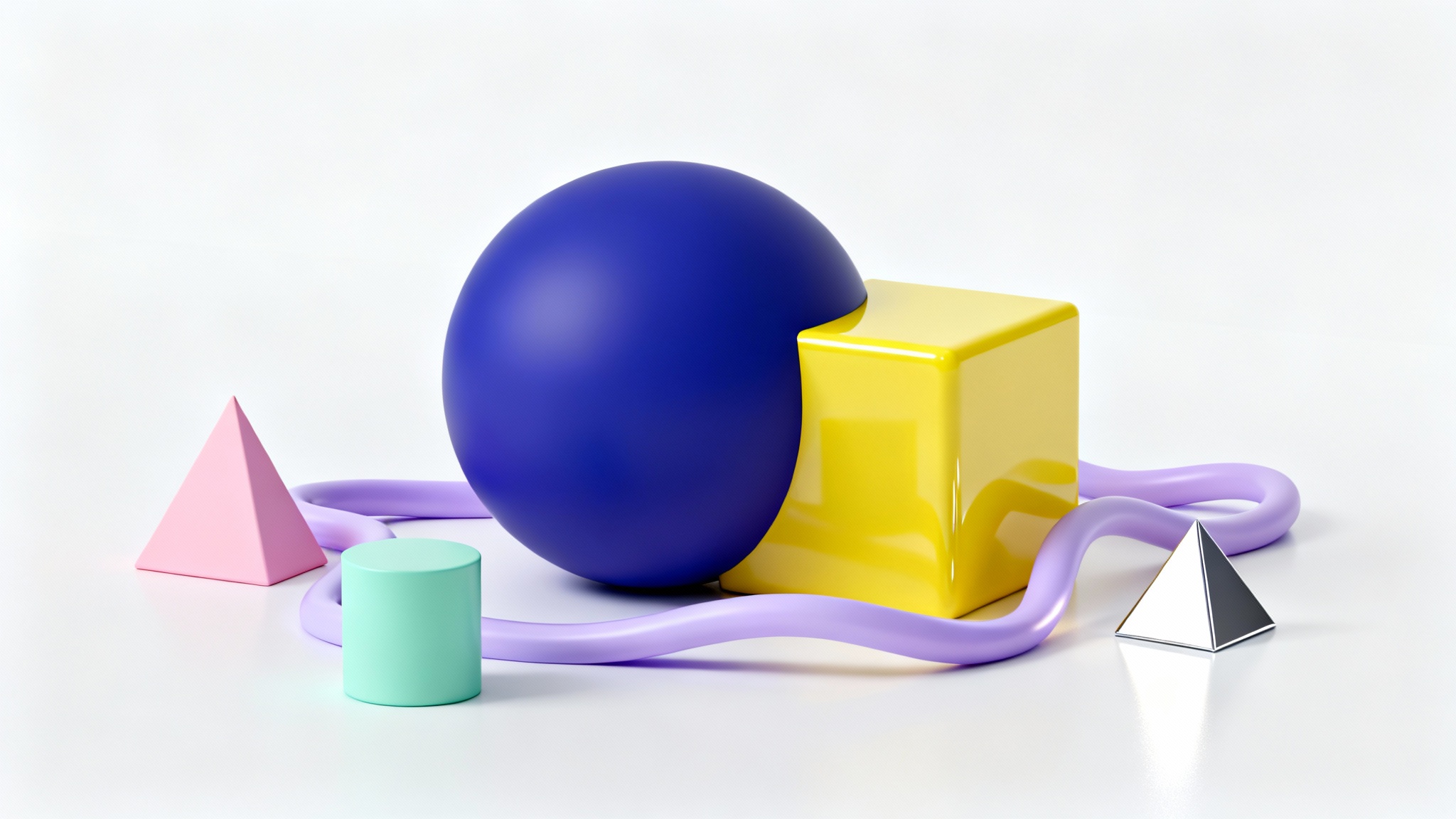 An abstract 3D rendering of various geometric and organic shapes in blue, yellow, pink, and green, arranged neatly on a solid white background.