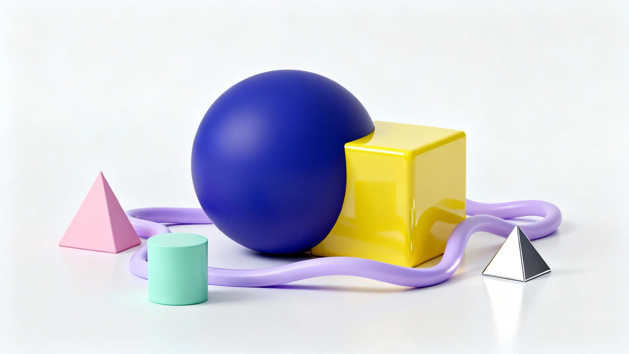 An abstract 3D rendering of various geometric and organic shapes in blue, yellow, pink, and green, arranged neatly on a solid white background.