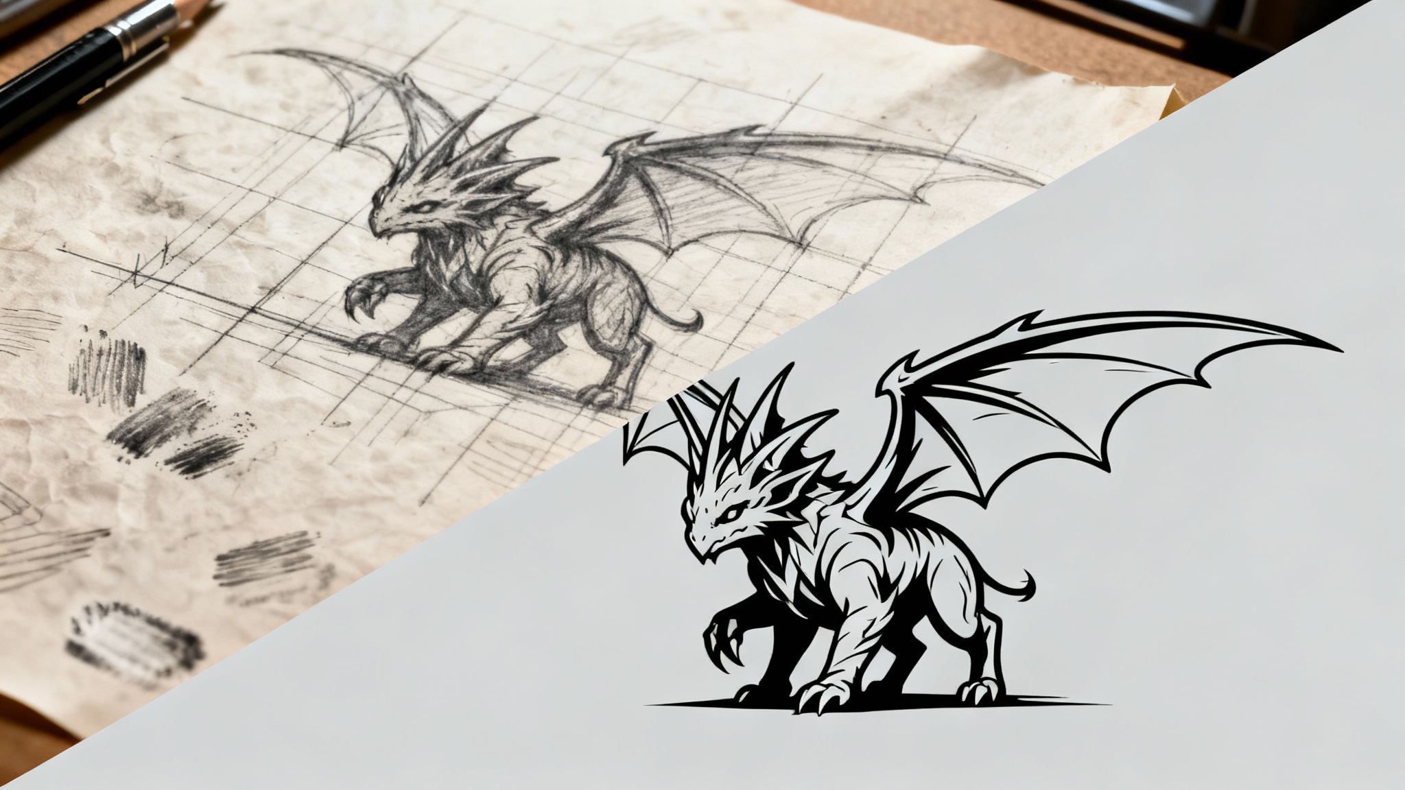 A before-and-after comparison showing a sketch cleanup tool's result. The left side is a messy pencil sketch of a fantasy creature, while the right side is the perfectly clean and crisp digital line art version.