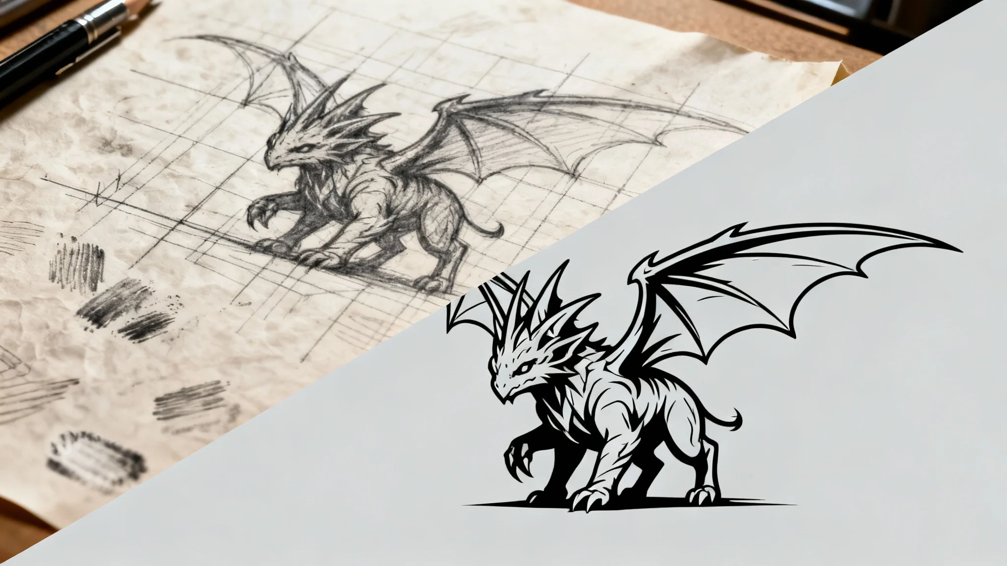 A before-and-after comparison showing a sketch cleanup tool's result. The left side is a messy pencil sketch of a fantasy creature, while the right side is the perfectly clean and crisp digital line art version.