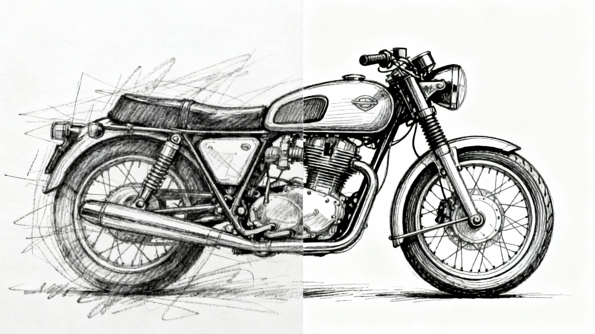 A before-and-after image demonstrating sketch cleanup. The left side shows a rough pencil sketch of a motorcycle, and the right side shows the same motorcycle as a clean, polished ink drawing.