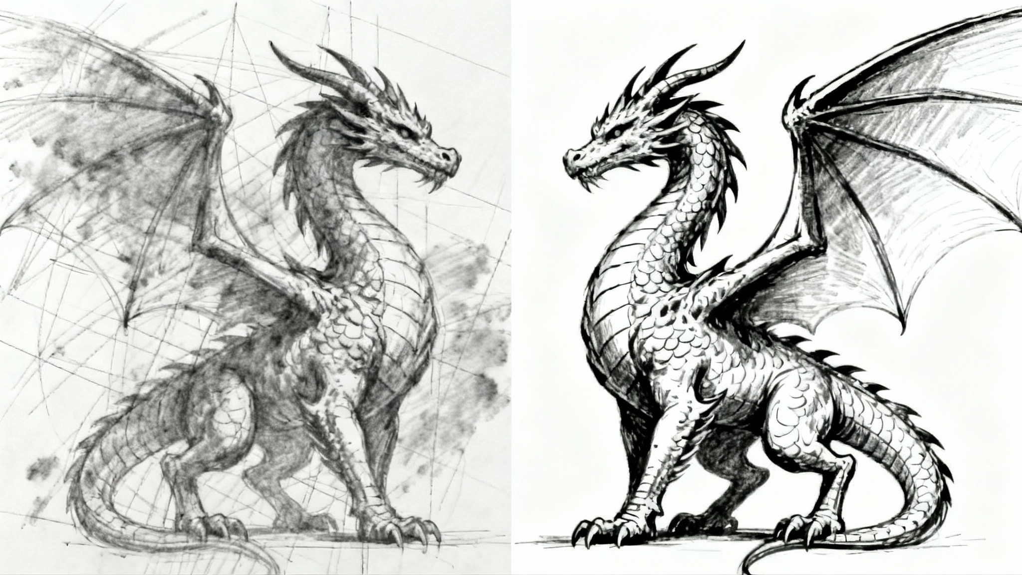 A before-and-after illustration of a dragon sketch. The left side shows a messy pencil sketch, and the right side shows the clean, inked line art version, demonstrating the sketch cleanup process.