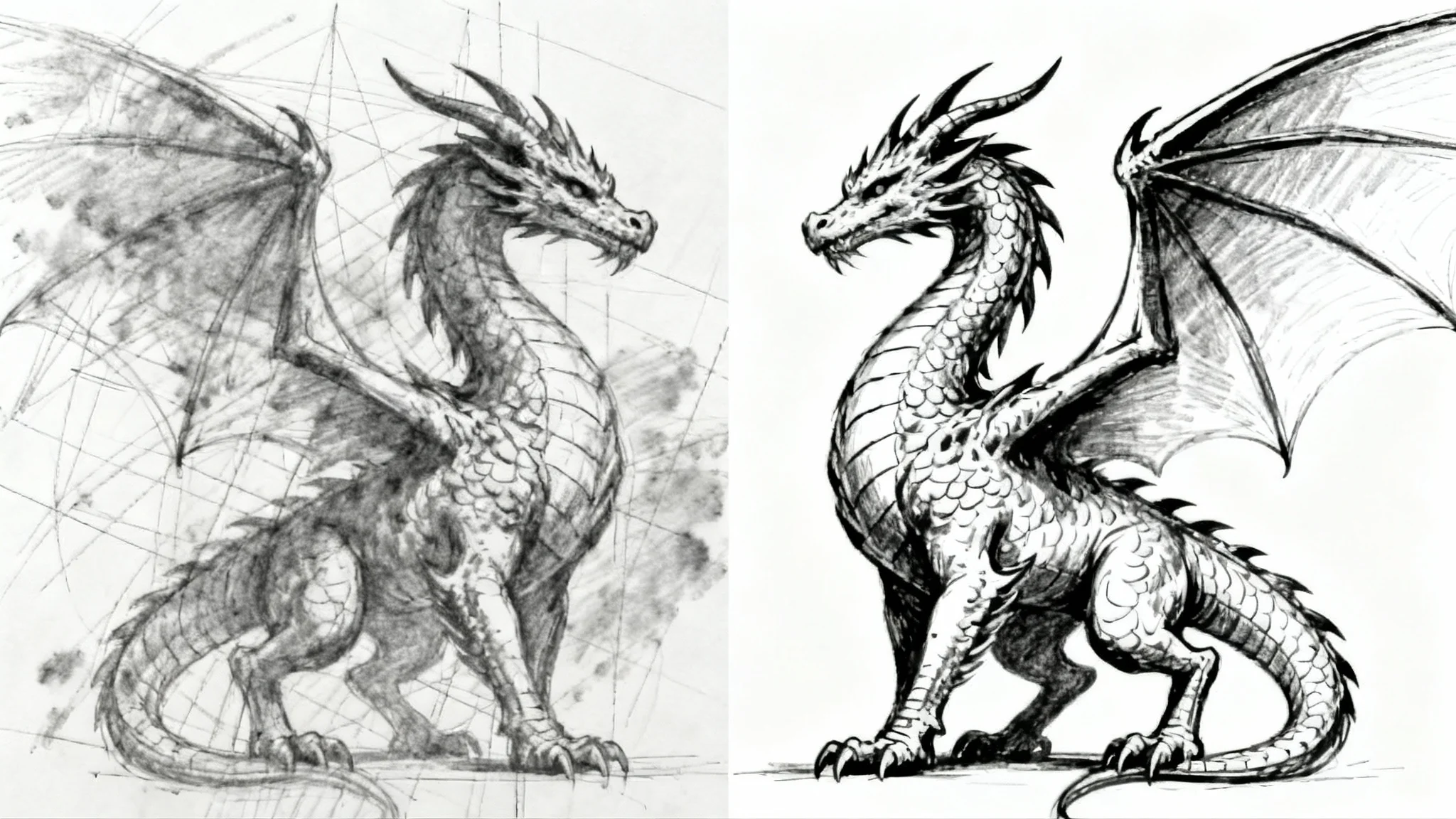 A before-and-after illustration of a dragon sketch. The left side shows a messy pencil sketch, and the right side shows the clean, inked line art version, demonstrating the sketch cleanup process.
