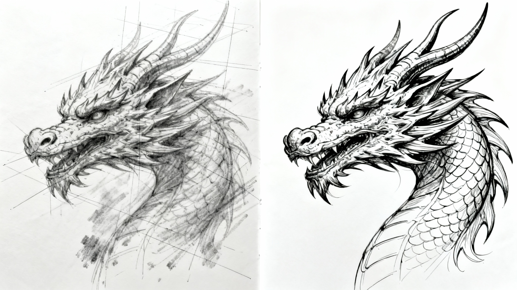 A before-and-after illustration of a sketch cleanup. The left side shows a rough pencil sketch of a dragon's head, and the right side shows the same drawing as clean, polished black ink line art.