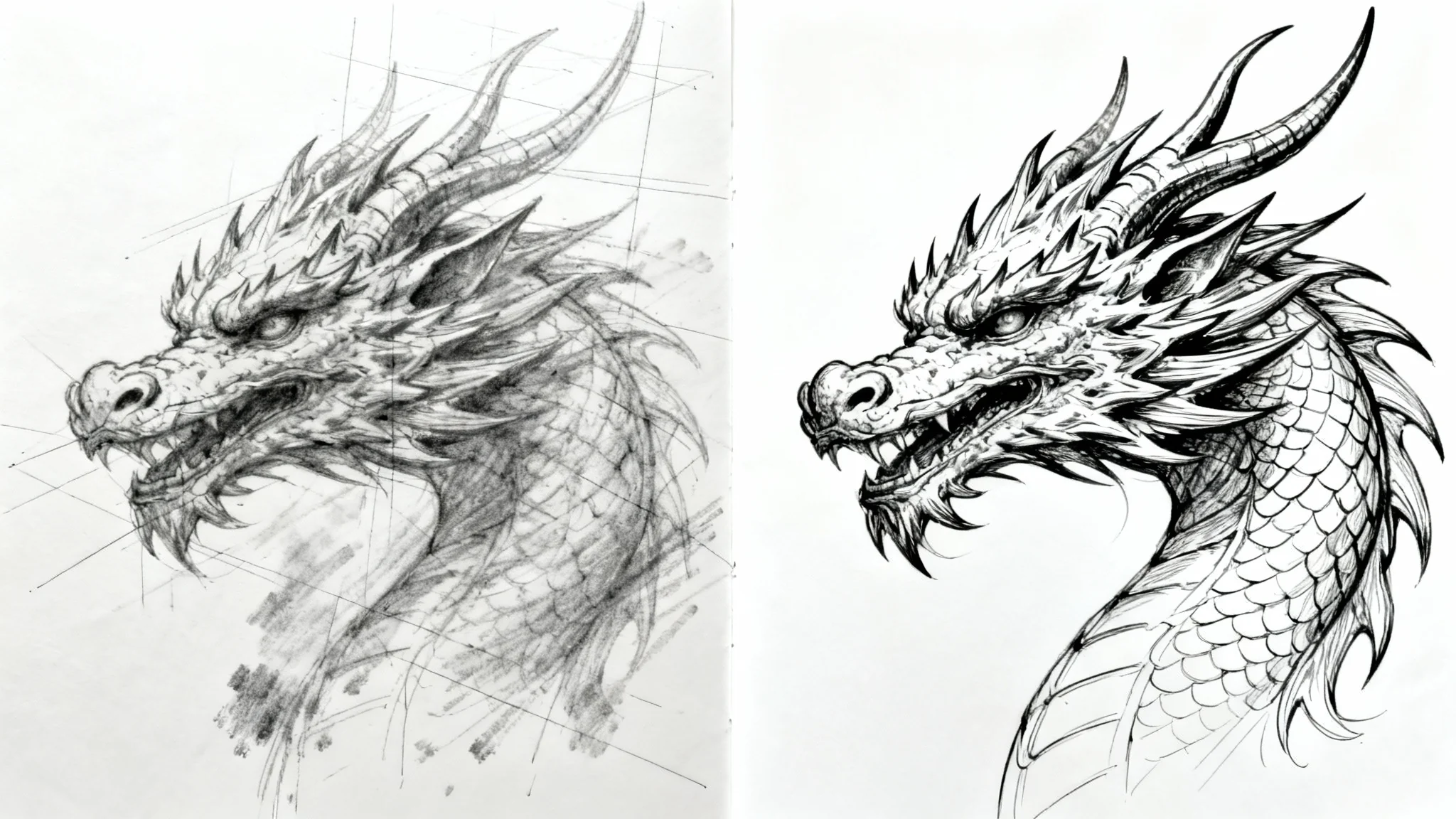 A before-and-after illustration of a sketch cleanup. The left side shows a rough pencil sketch of a dragon's head, and the right side shows the same drawing as clean, polished black ink line art.