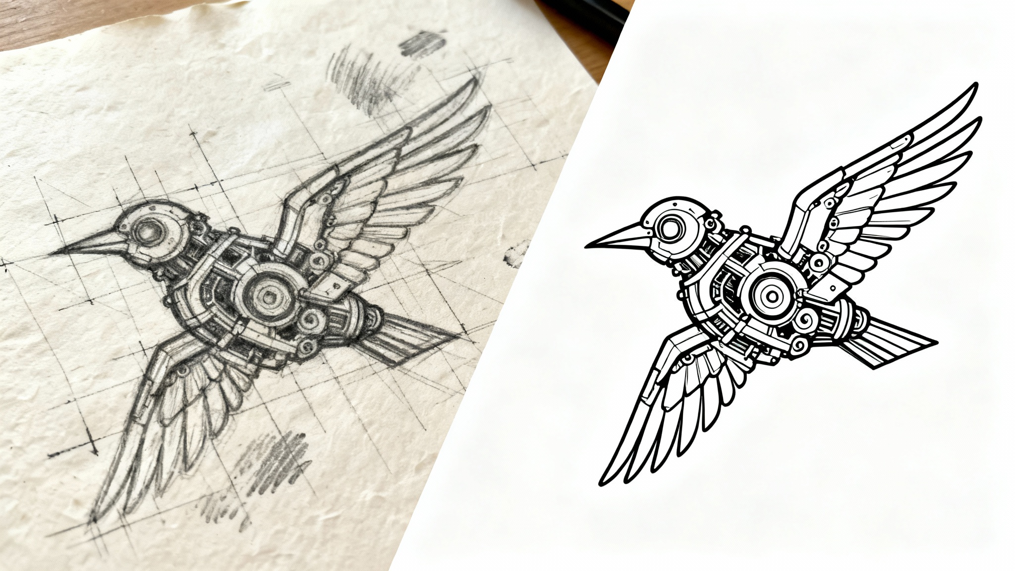 A before-and-after image illustrating sketch cleanup. The left side shows a rough pencil sketch of a mechanical bird, and the right side shows the same bird fatores in clean, polished digital line art.