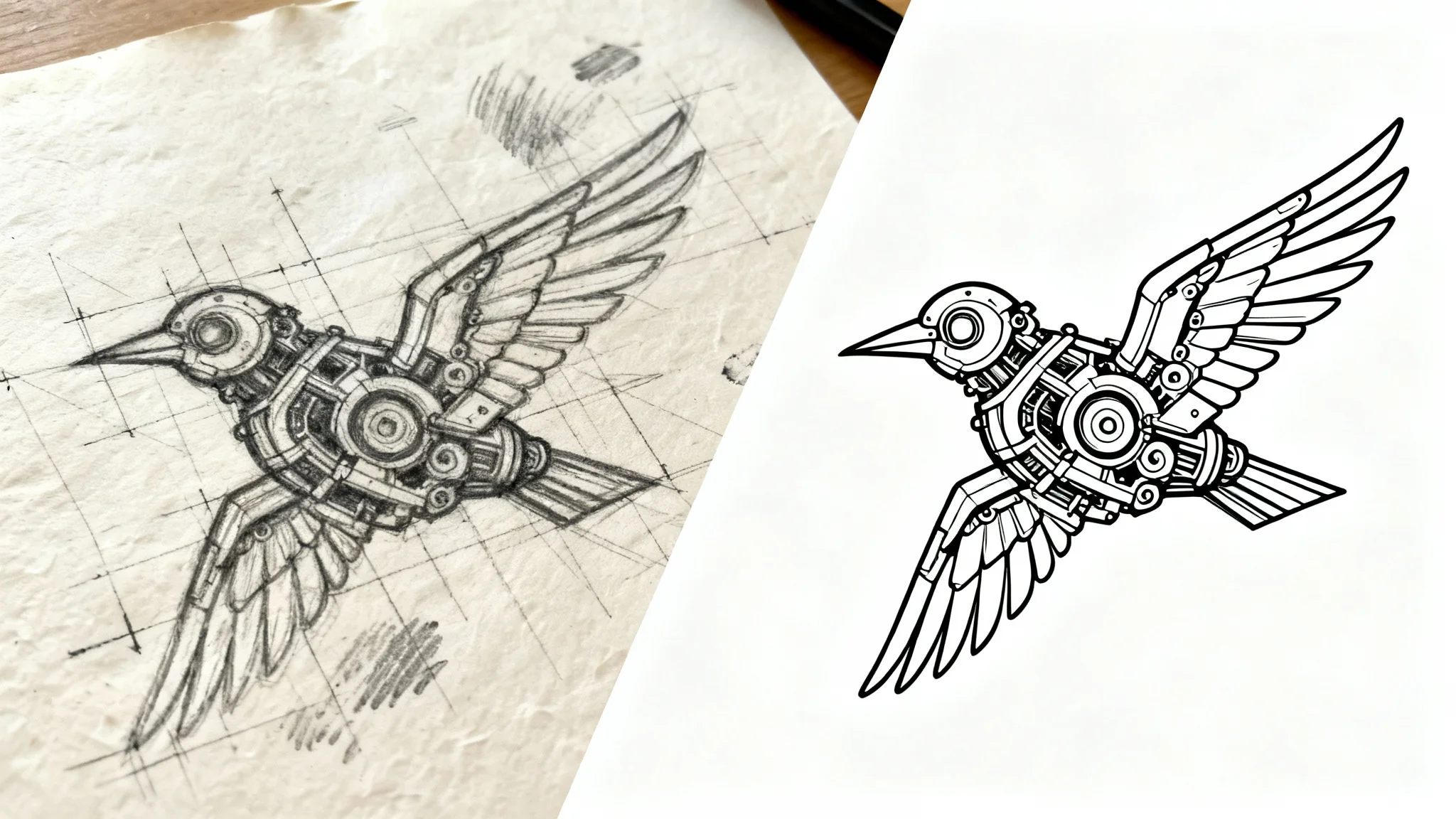 A before-and-after image illustrating sketch cleanup. The left side shows a rough pencil sketch of a mechanical bird, and the right side shows the same bird fatores in clean, polished digital line art.
