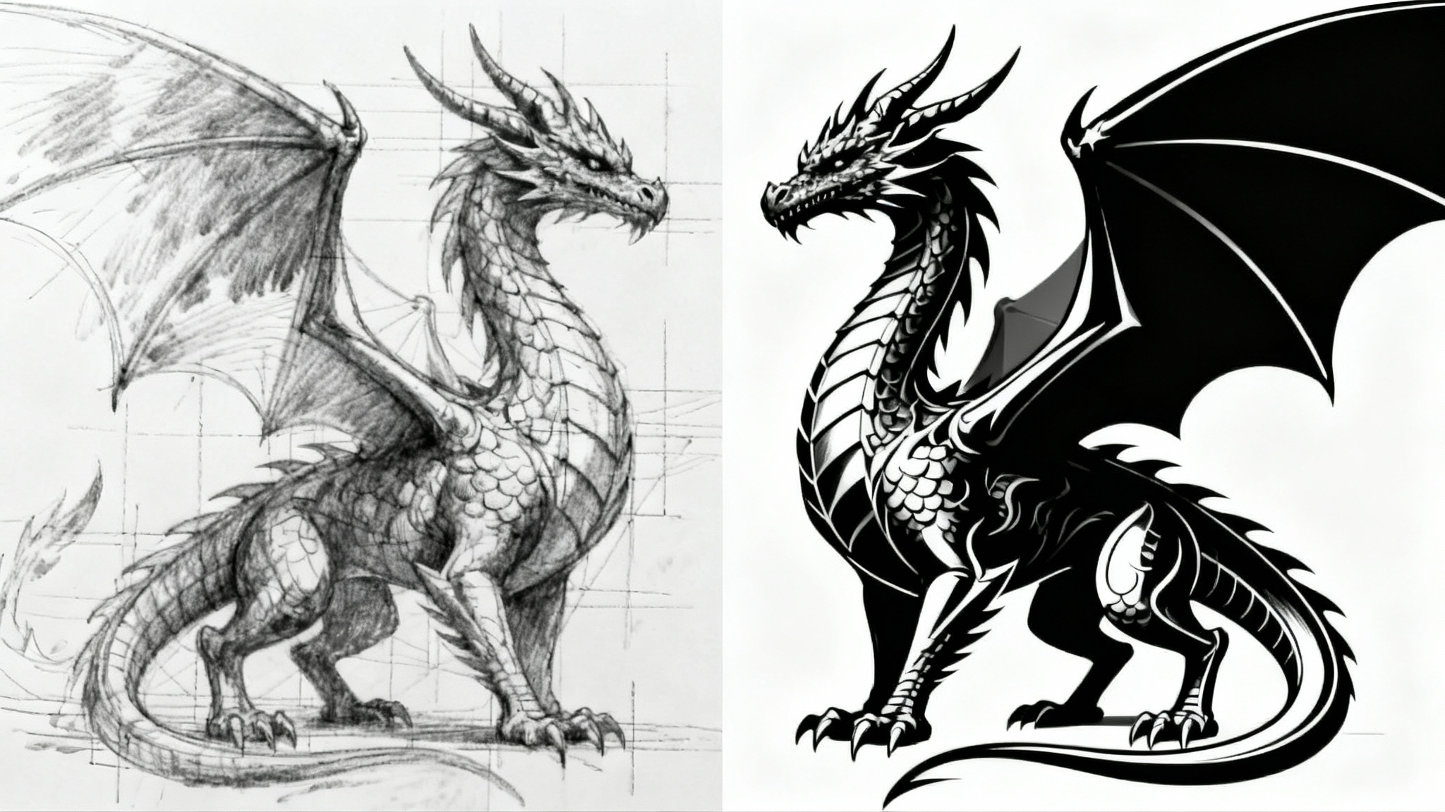 A before-and-after image demonstrating sketch cleanup. The left half shows a rough pencil sketch of a dragon, and the right half shows the same dragon as a clean, polished black line drawing on a white background.