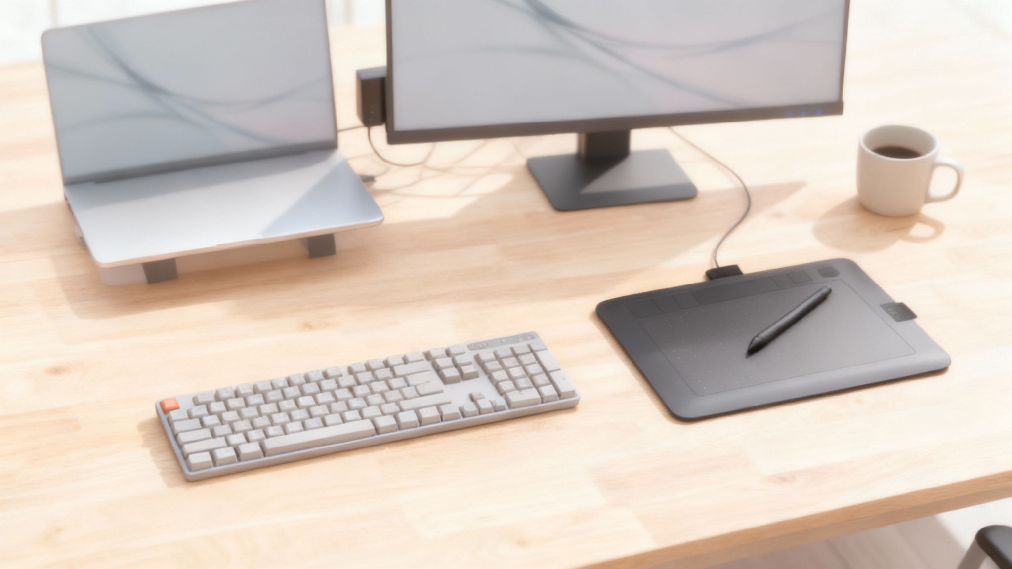 An overhead shot of a modern desk setup with a laptop, monitor, and mug, where all brand logos and labels have been digitally removed, resulting in a clean, minimalist, and brand-free appearance.