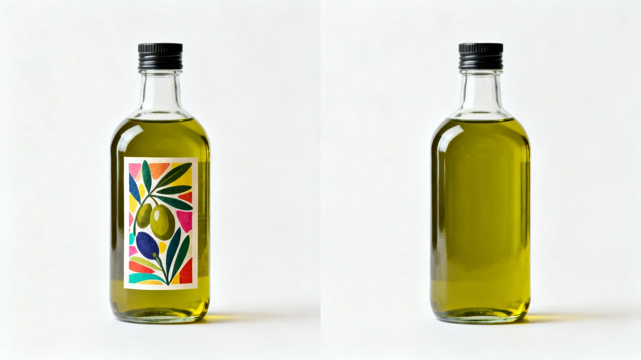 A before and after image. The 'before' image shows a glass bottle of olive oil with a label. The 'after' image shows the same bottle with the label cleanly removed, showcasing a spotless surface.