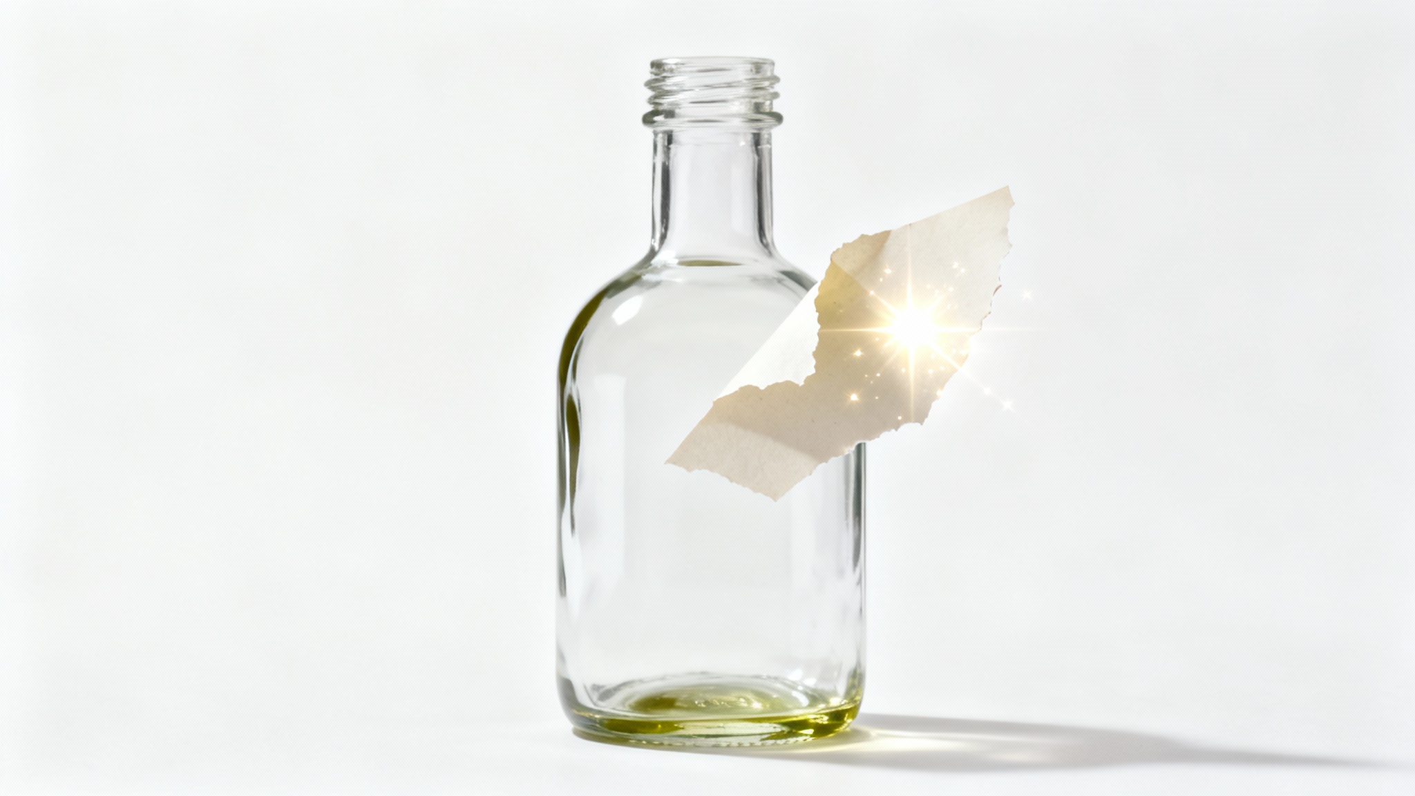An image demonstrating a label being removed from a glass olive oil bottle. A glowing light effect shows the label lifting off, revealing the clean glass surface beneath.