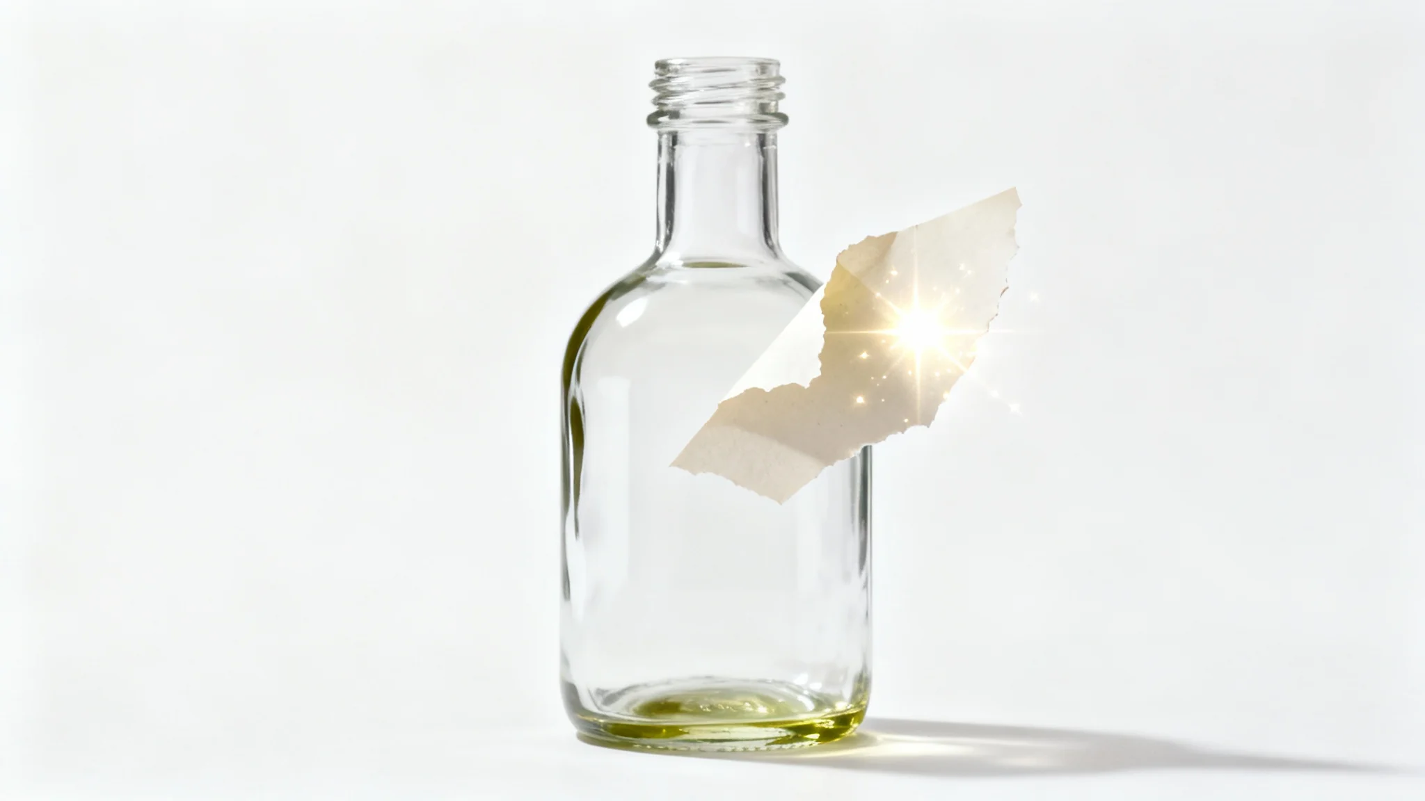An image demonstrating a label being removed from a glass olive oil bottle. A glowing light effect shows the label lifting off, revealing the clean glass surface beneath.