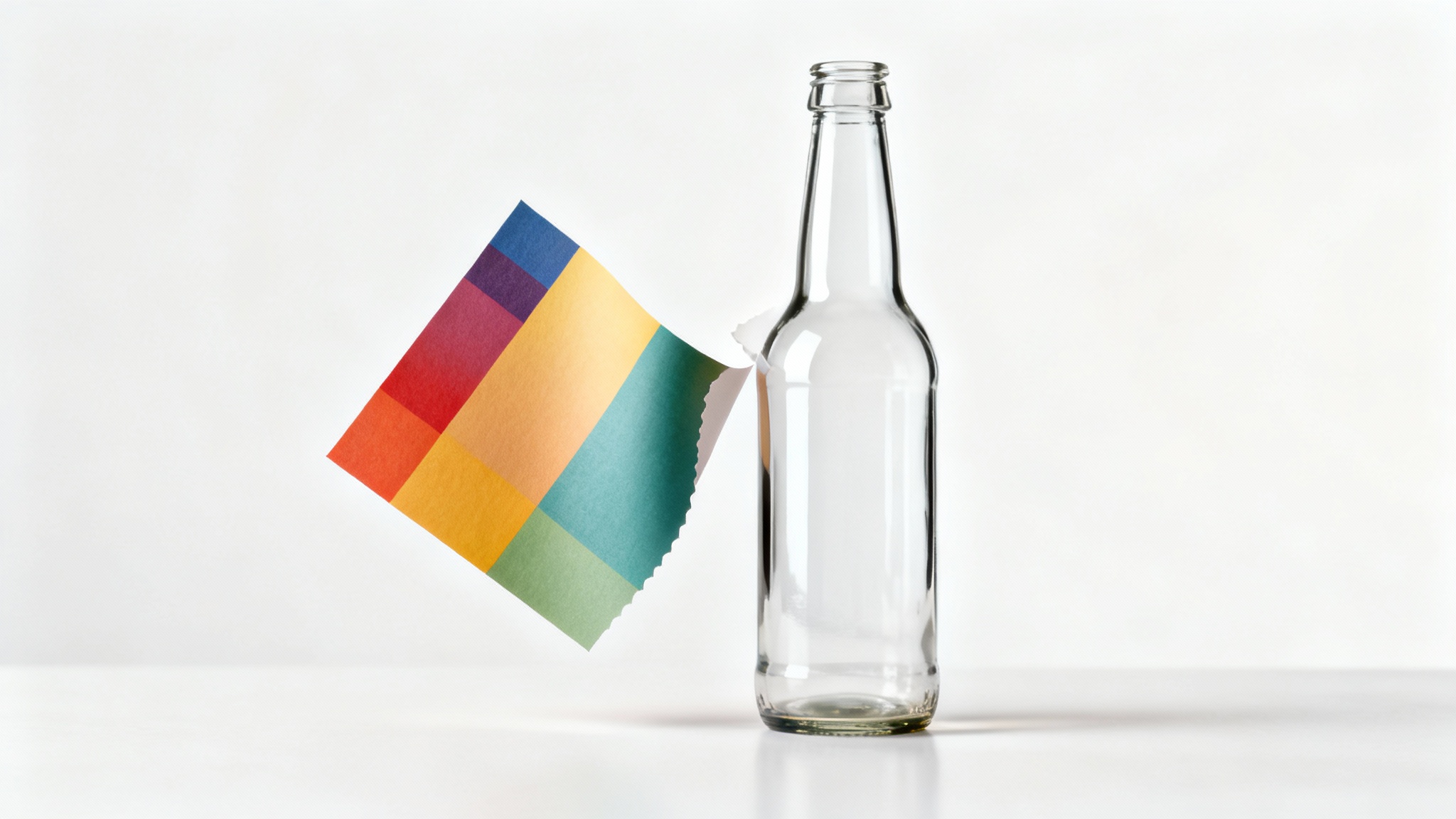 A photorealistic image of a glass beer bottle on a white background, with its label magically peeling itself off to reveal a clean surface.