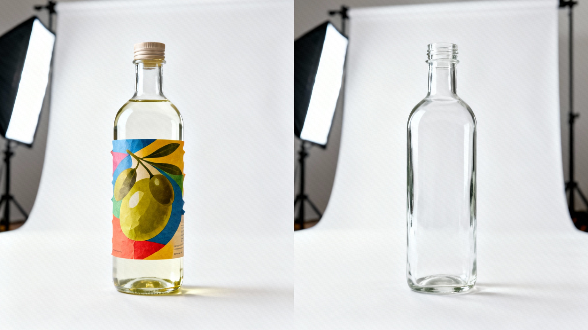 A before-and-after image demonstrating label removal. On the left, a glass bottle has a paper label, and on the right, the same bottle is shown with the label completely removed, looking clean and new.