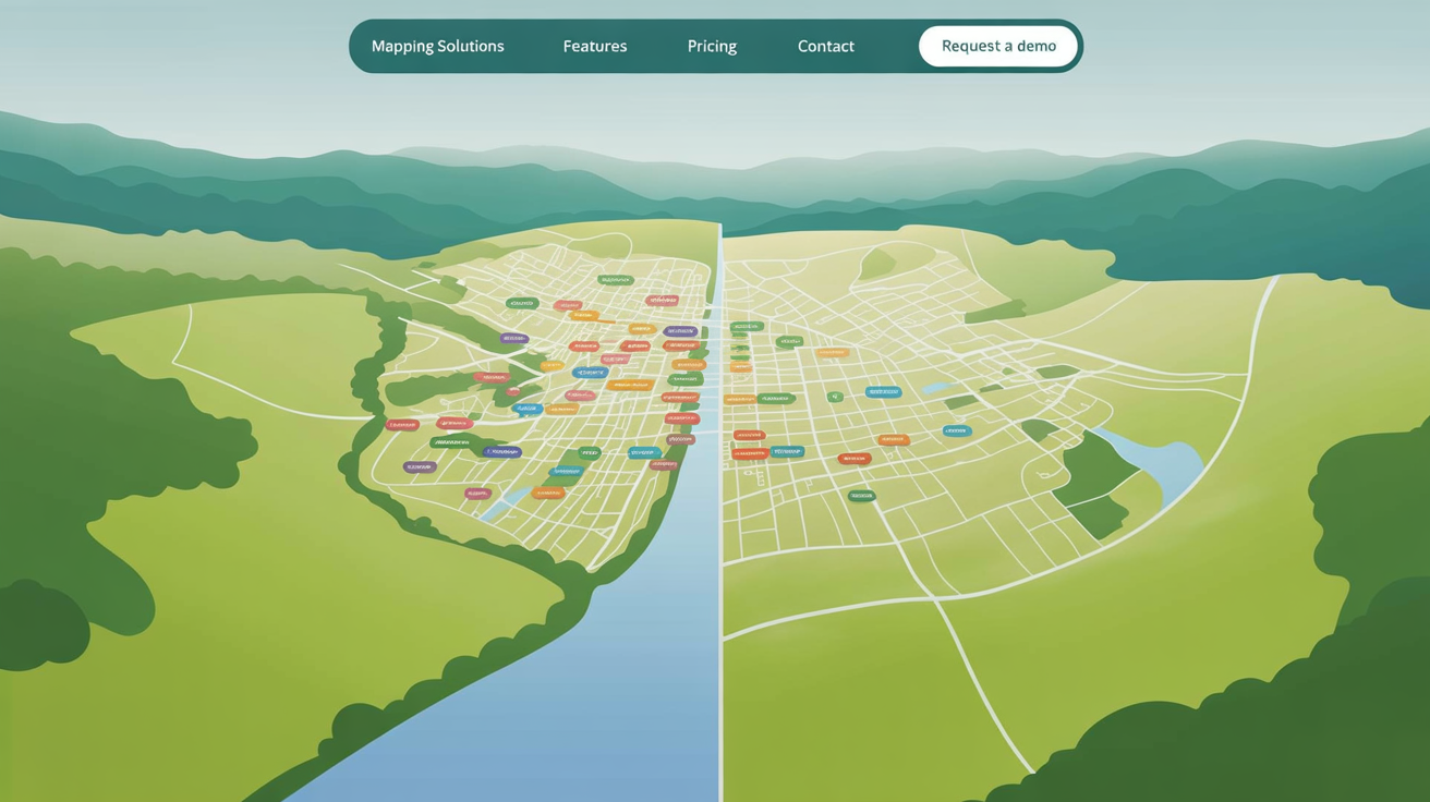 A before-and-after comparison image. The left side shows a colorful digital map cluttered with text labels. The right side shows the exact same map with all labels cleanly removed, showcasing the pure geography.