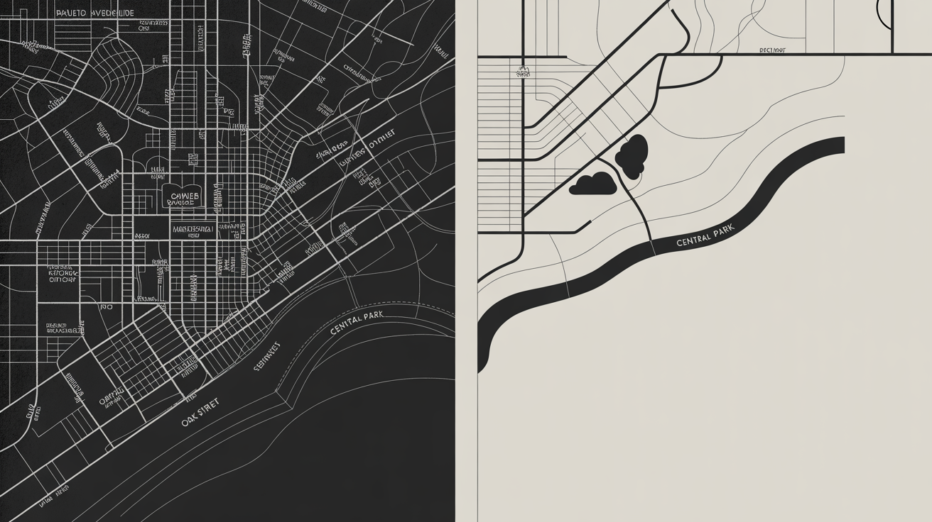 A conceptual image showing a map decluttering feature. The left side of the image displays a map cluttered with text labels, while the right side shows the same map with all labels removed, leaving a clean, minimalist design.