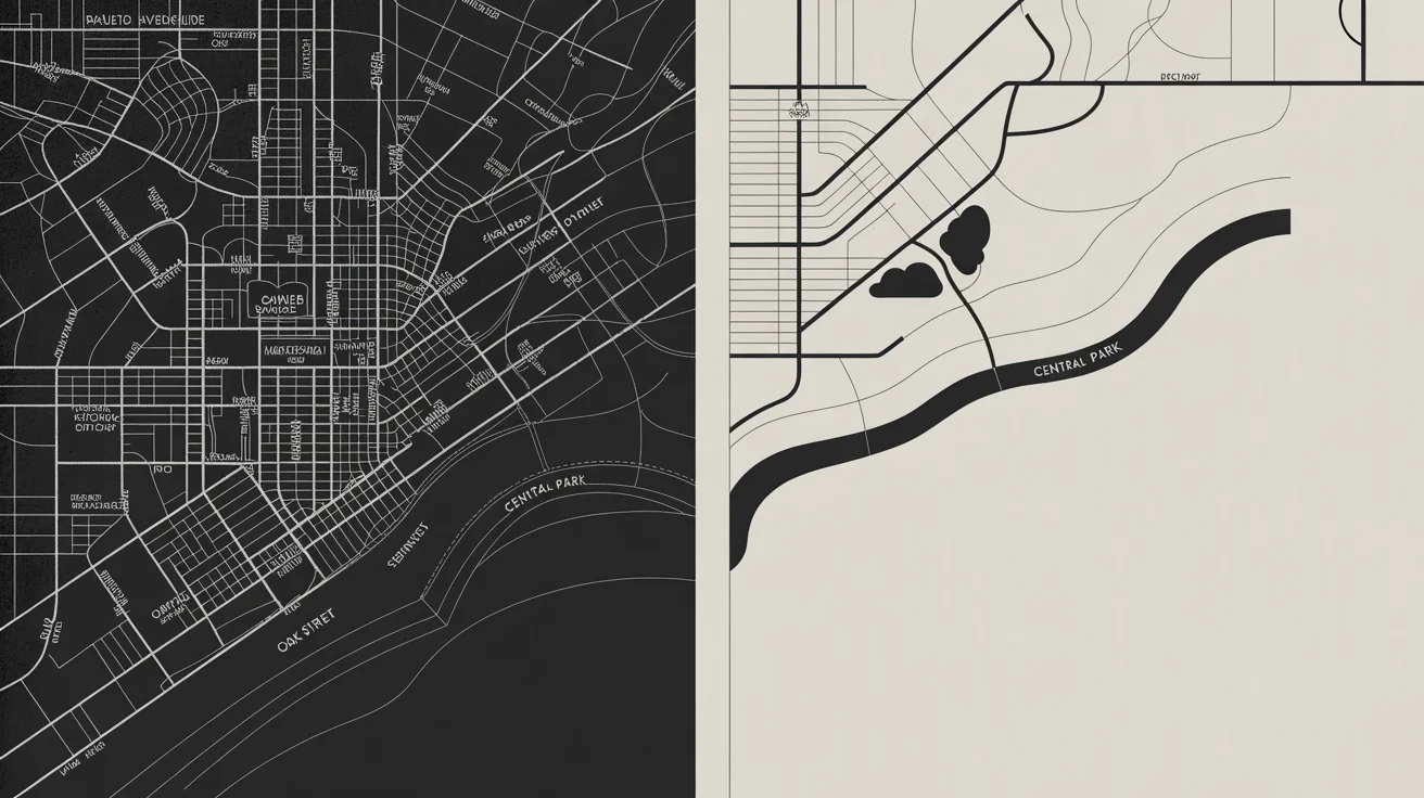A conceptual image showing a map decluttering feature. The left side of the image displays a map cluttered with text labels, while the right side shows the same map with all labels removed, leaving a clean, minimalist design.