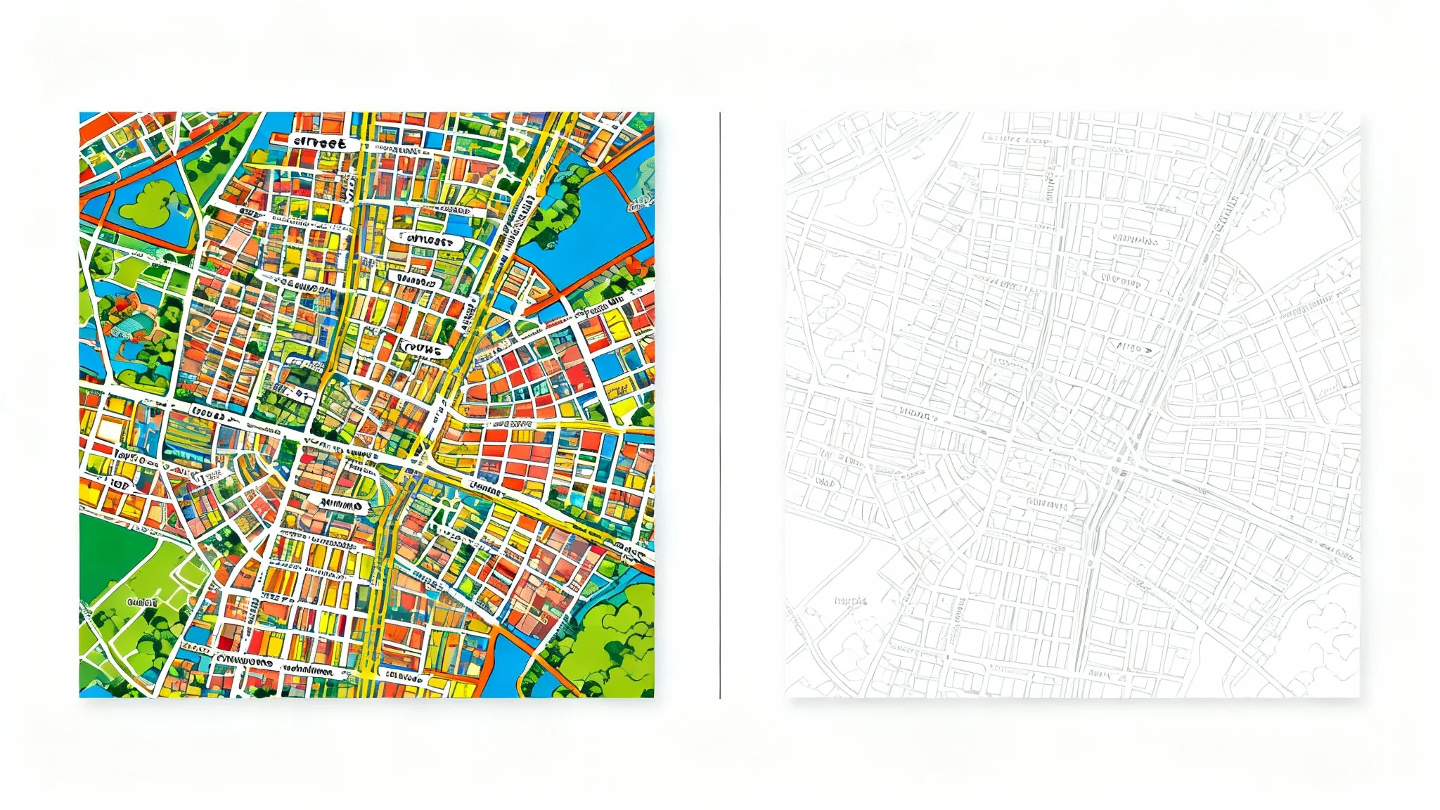 A before-and-after image of a city map. The left side is cluttered with text labels for streets and locations, while the right side shows the same map with all labels removed, resulting in a clean, purely graphical representation.
