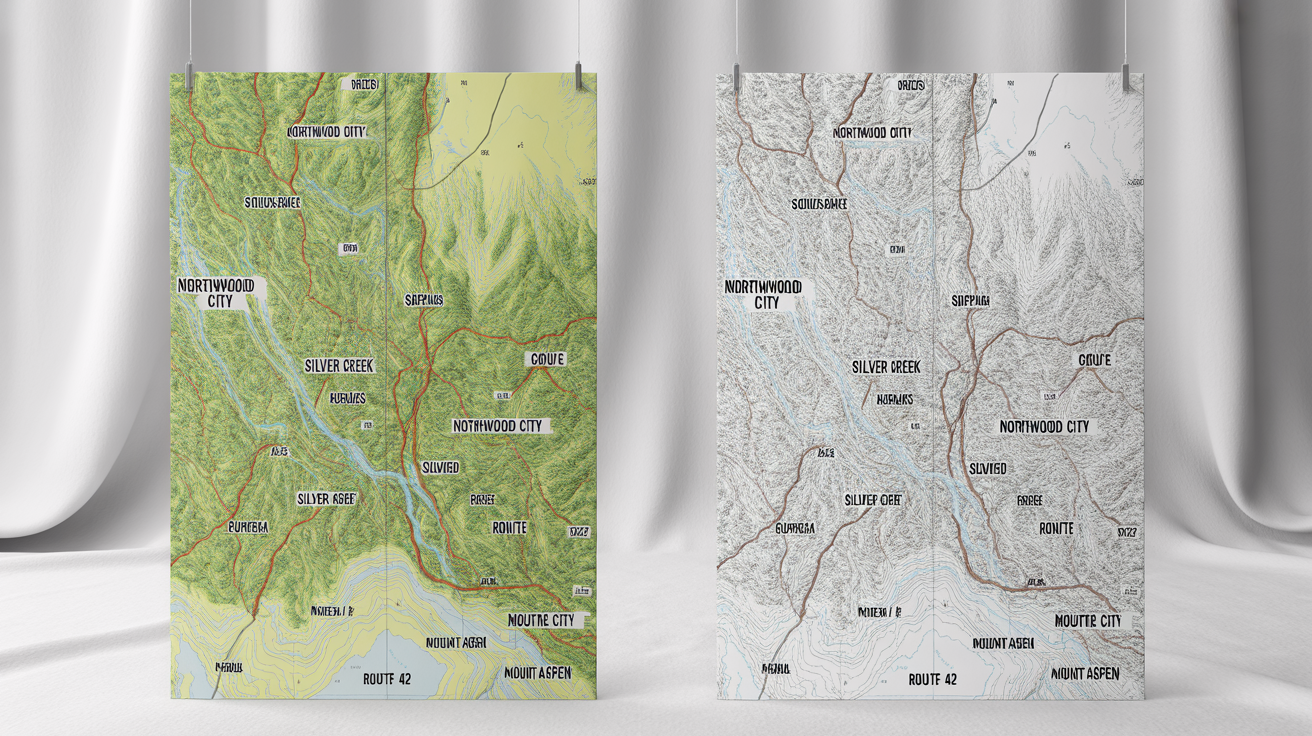 A comparison image showing a detailed map filled with text labels on the left, and the same map with all labels removed on the right, showcasing the clean geographical features.