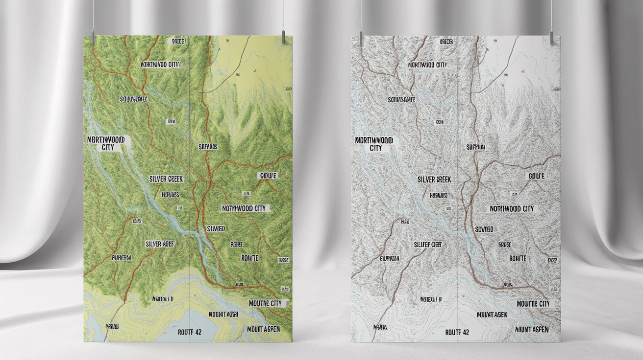 A comparison image showing a detailed map filled with text labels on the left, and the same map with all labels removed on the right, showcasing the clean geographical features.