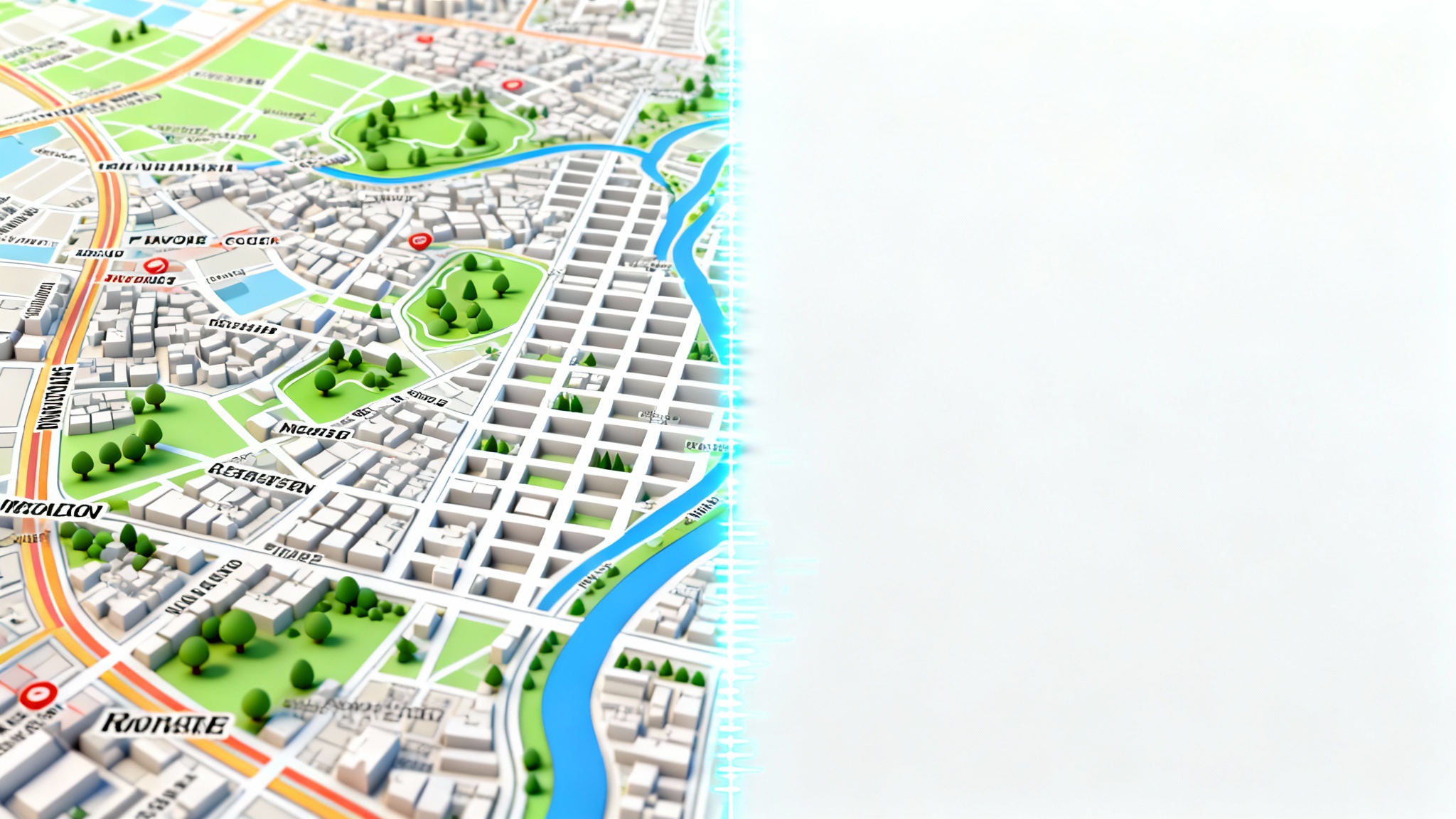 A stylized map demonstrating the removal of text labels, with one side cluttered with text and the other side clean and minimalist.