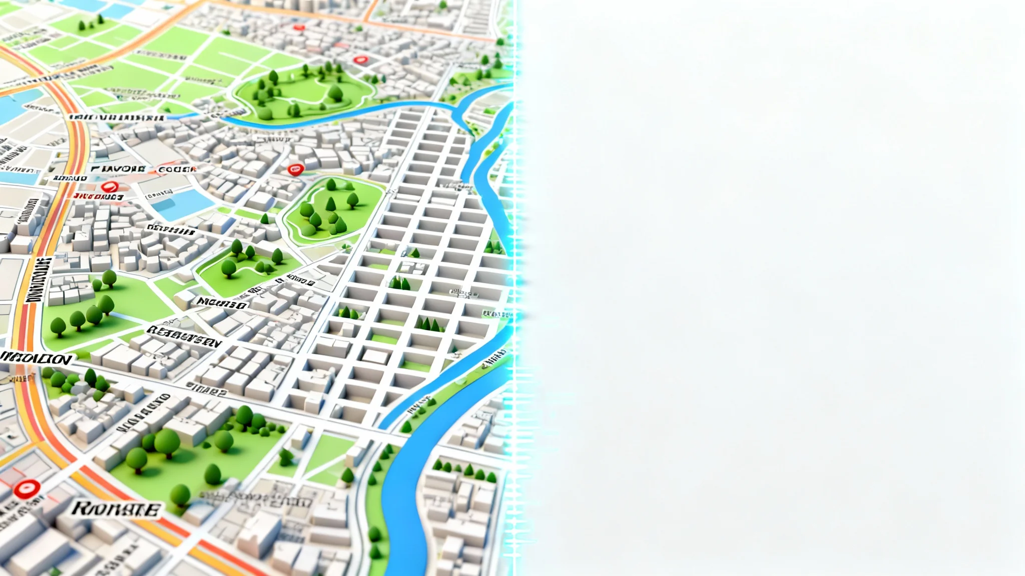 A stylized map demonstrating the removal of text labels, with one side cluttered with text and the other side clean and minimalist.