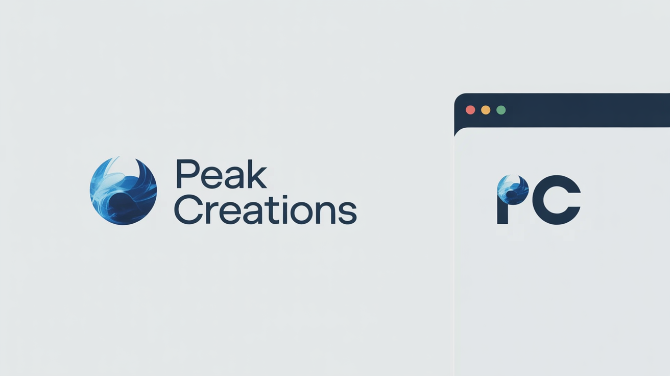 An image demonstrating a logo being converted into a favicon. On the left is a full company logo for 'Peak Creations', and on the right is the simplified favicon with the initials 'PC' shown in a browser tab.