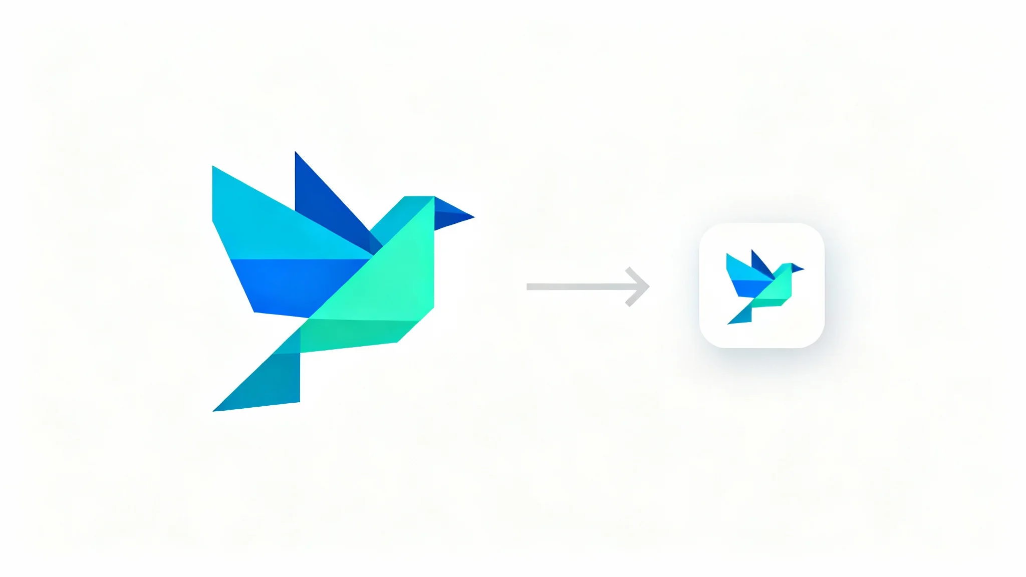 A graphic illustrating the process of converting a logo to a favicon. A large, detailed logo of a geometric bird is on the left, and a small, simplified favicon version of the bird is on the right, with an arrow pointing between them.