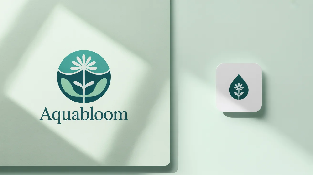 A visual demonstrating the process of converting a detailed 'AquaBloom' logo, featuring a water drop and flower, into a small, simplified favicon version of the icon for web browsers.