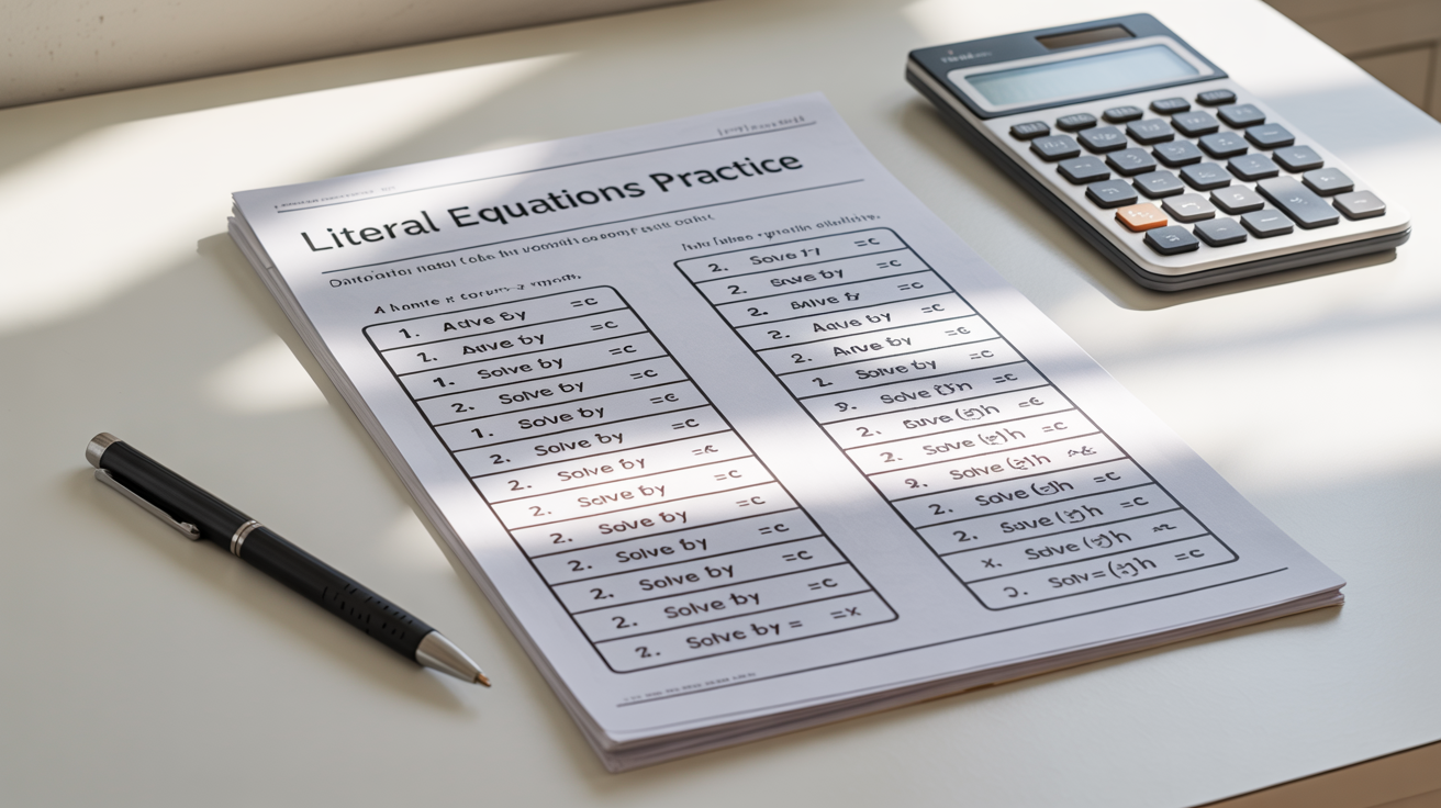 A professionally designed worksheet for practicing literal equations, displayed in a clean two-column layout on a white desk next to a pen and calculator.
