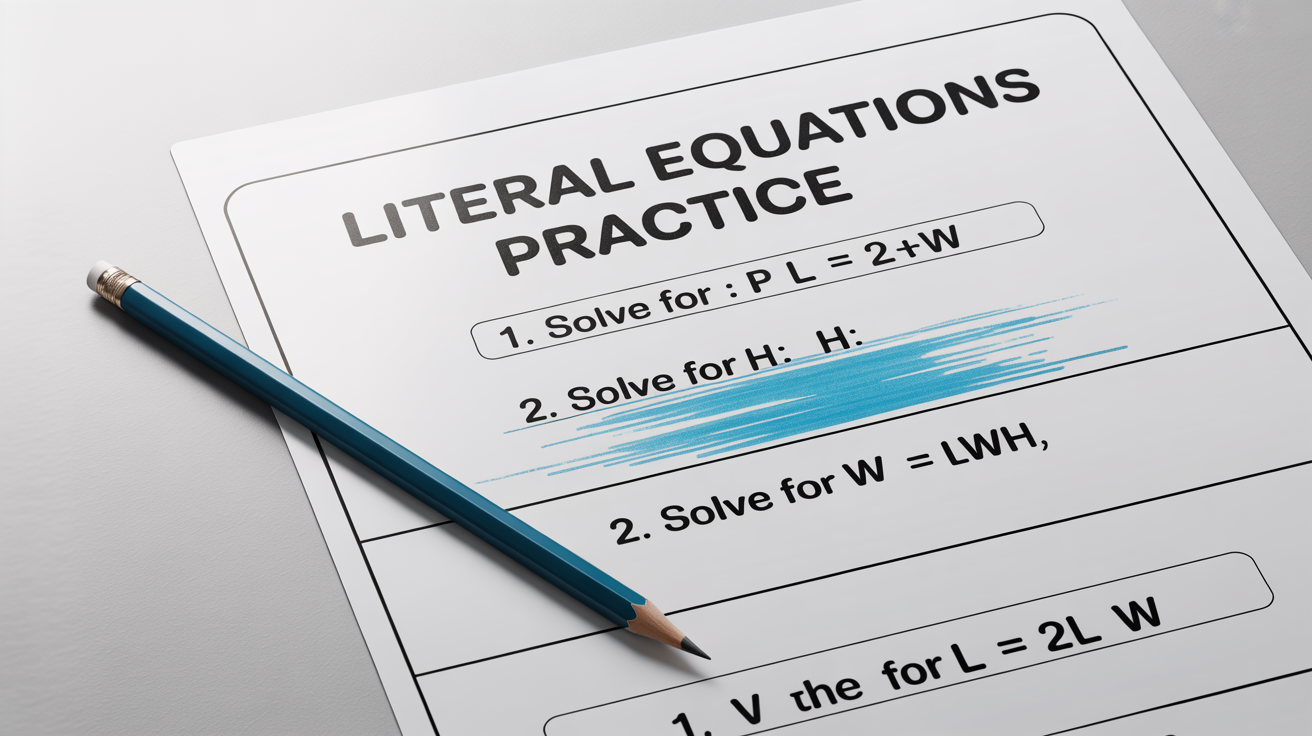A high school algebra worksheet on literal equations, shown on a white background with a pencil, representing a professional educational resource.