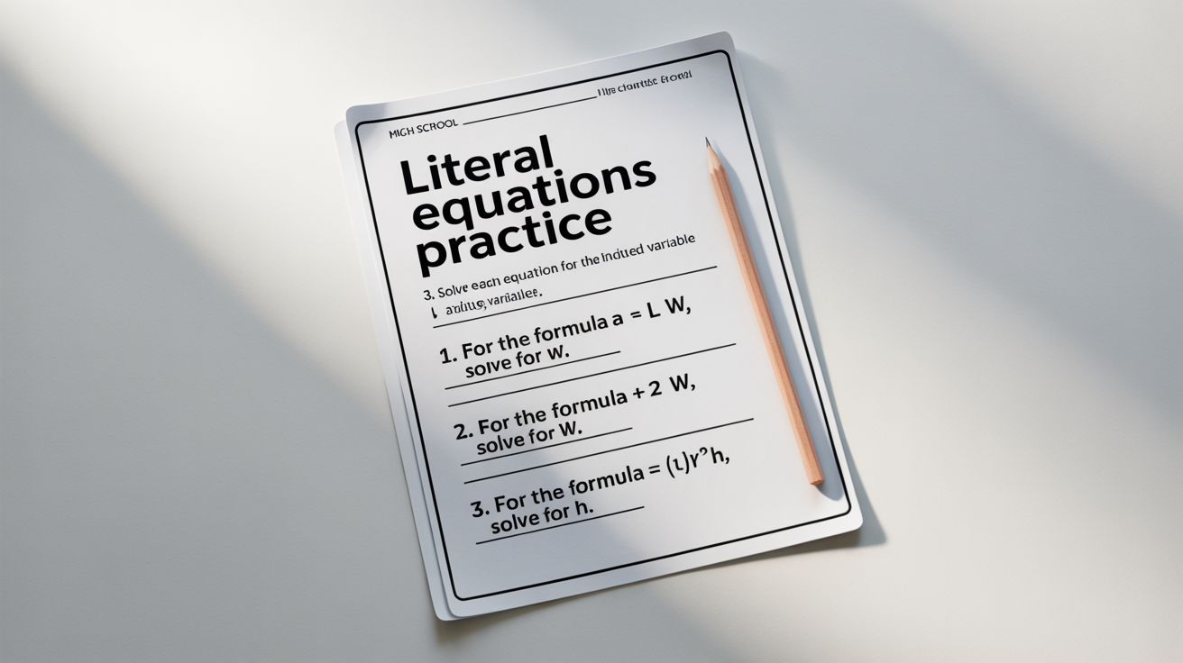 A mockup of a literal equations worksheet for a math class, shown on a white background. The worksheet has a title and a list of equations to solve.