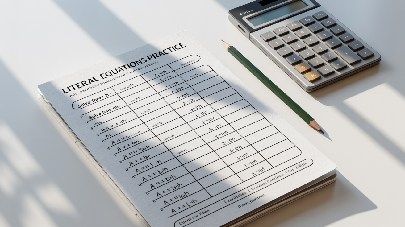 A mockup of a literal equations math worksheet, shown on a white background with a calculator and pencil nearby, suggesting a study or classroom setting.