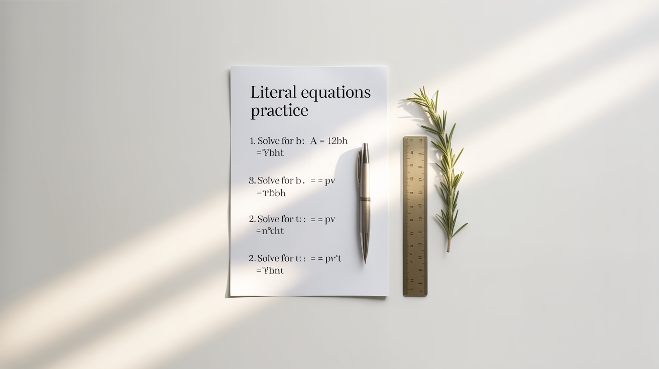 A close-up, top-down view of a literal equations math worksheet lying on a white surface, with a silver pen and a brass ruler placed neatly beside it.