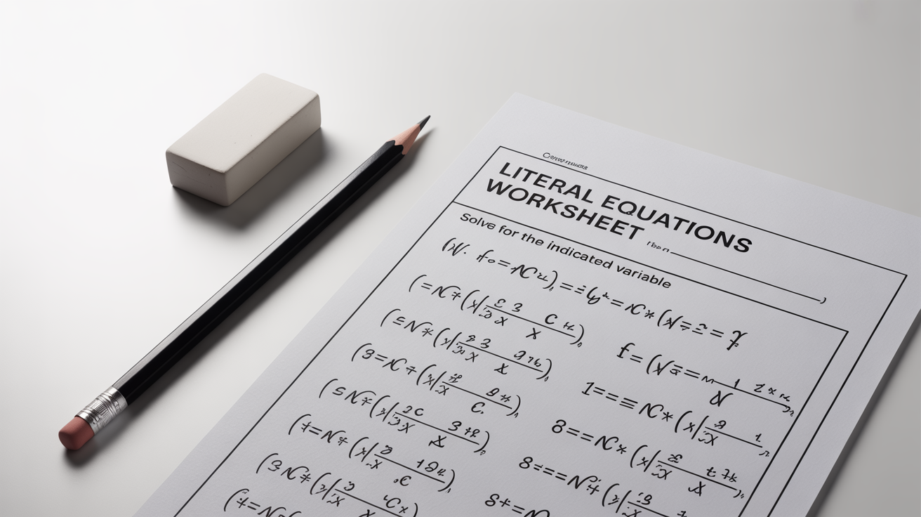 A professionally designed literal equations math worksheet viewed from above on a clean white background, with a pencil and eraser placed neatly next to it.
