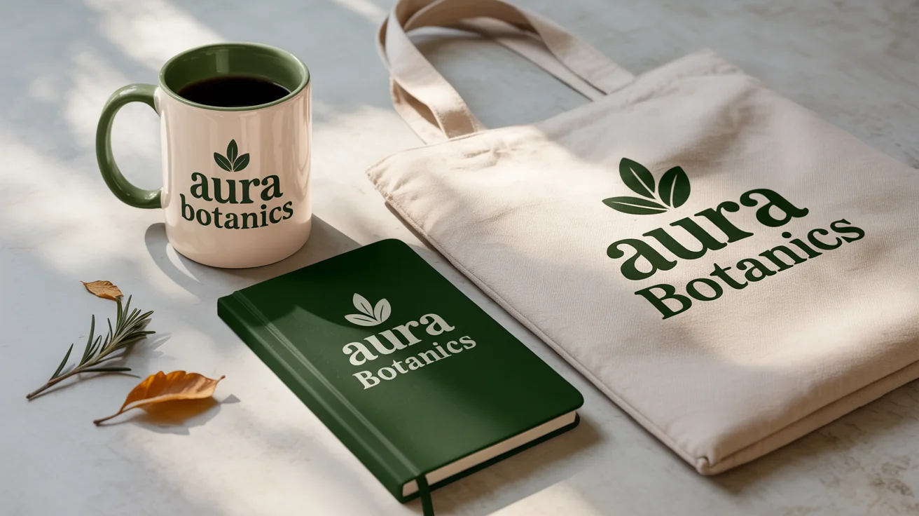 A professionally styled flat lay of branded products including a coffee mug, tote bag, and notebook, all featuring a modern 'Aura Botanics' logo.