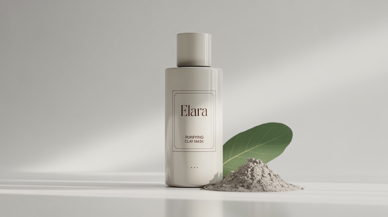 A product mockup of a white ceramic bottle labeled 'ELARA Purifying Clay Mask' sitting on a white background next to a pile of clay powder and a green leaf.