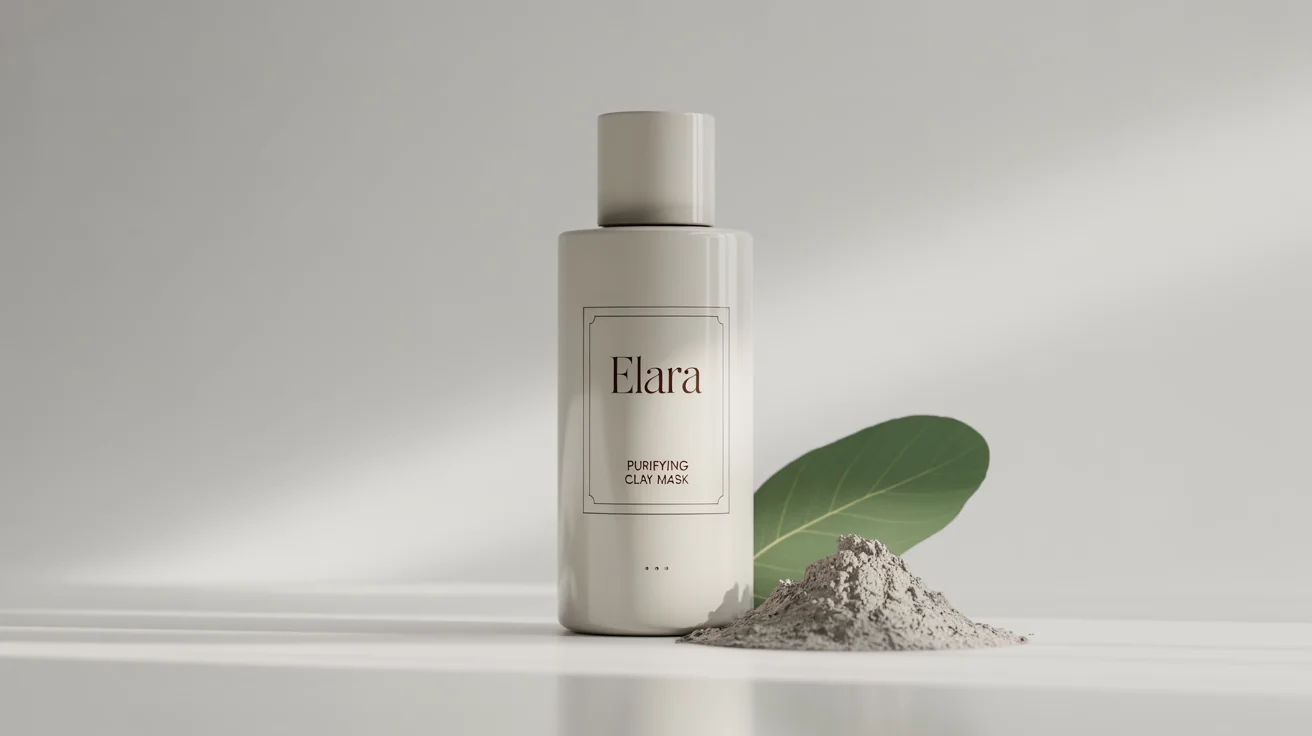 A product mockup of a white ceramic bottle labeled 'ELARA Purifying Clay Mask' sitting on a white background next to a pile of clay powder and a green leaf.