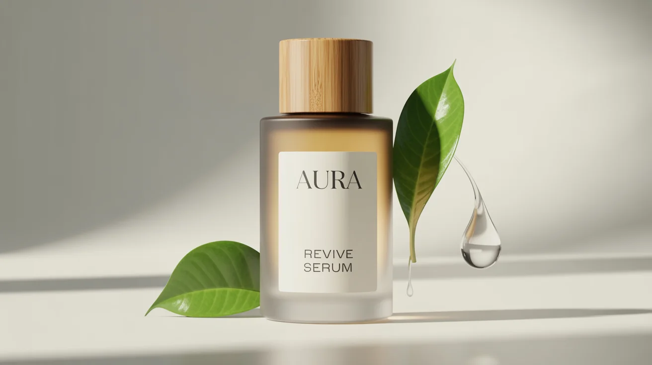 A product mockup of a luxury cosmetic serum in a frosted glass bottle with a bamboo lid, labeled 'AURA Revive Serum', set against a clean white background with green leaves.