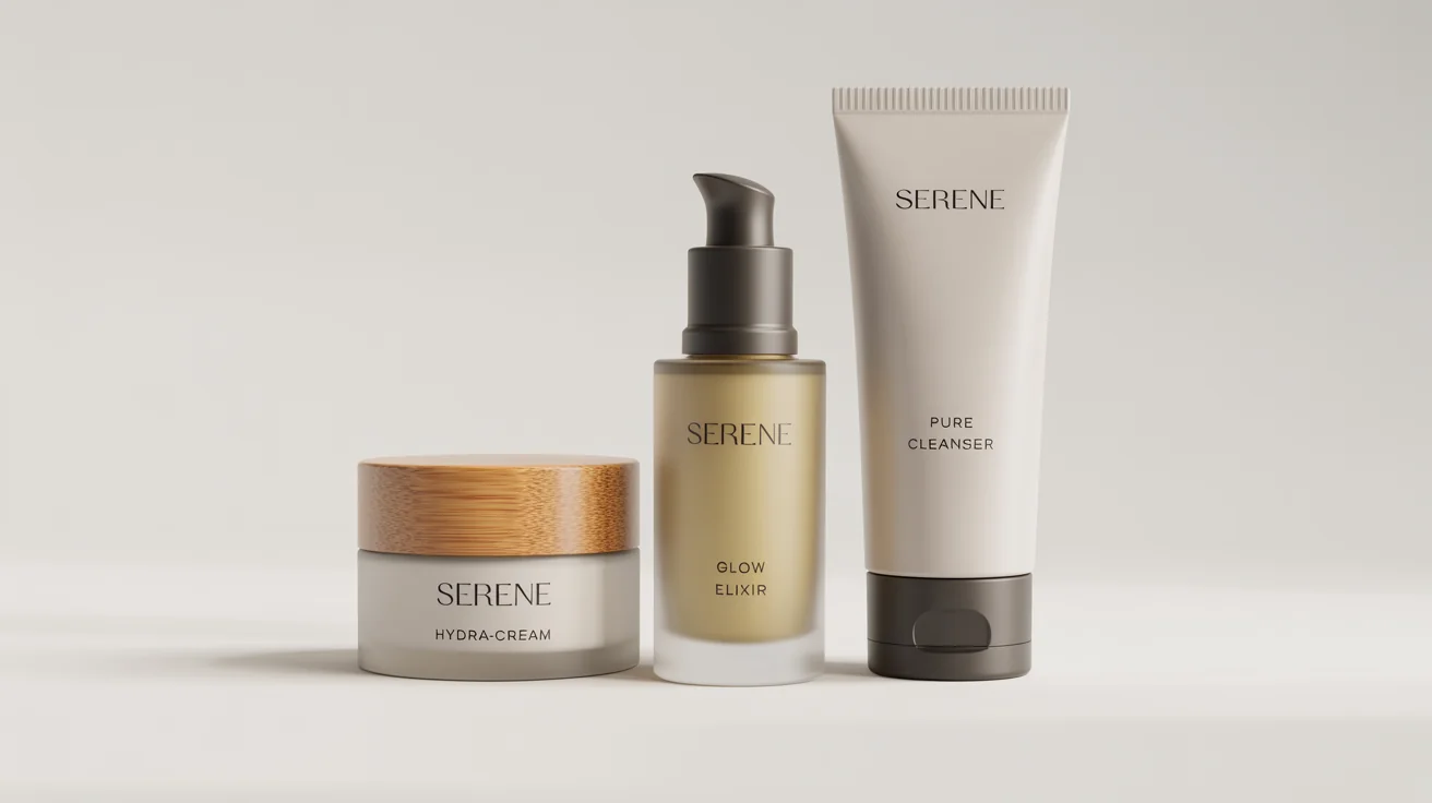 A high-end product mockup of a fictional skincare line named 'SERENE', featuring a frosted glass serum bottle, a white ceramic cream jar, and a matte white cleanser tube arranged neatly on a clean white background.