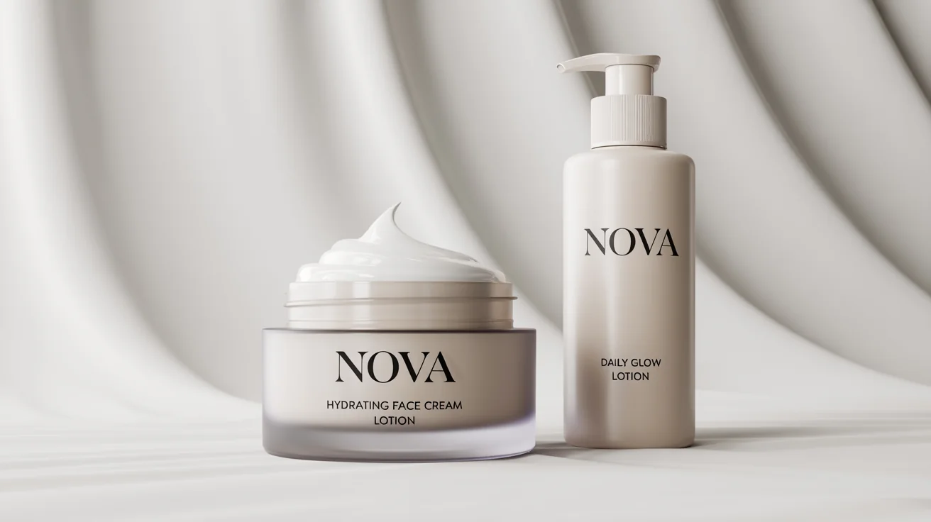 A photorealistic mockup of a luxury skincare set, including a frosted glass jar of face cream and a white lotion bottle, branded with the fictional name 'NOVA', on a clean white background.