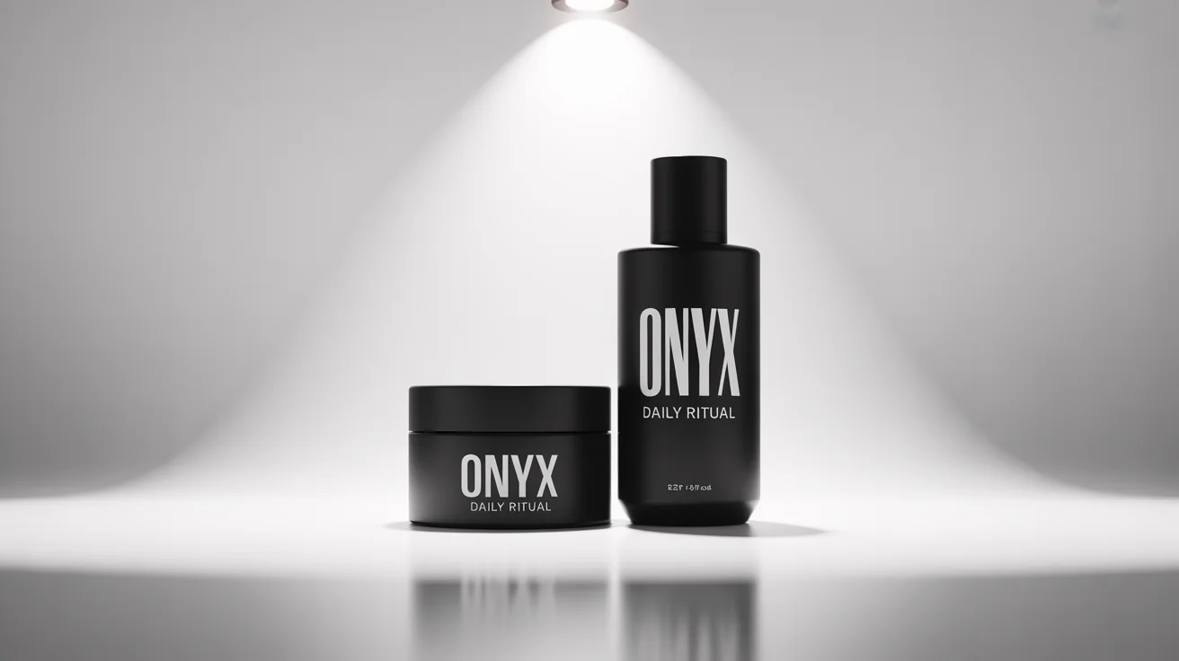 A professional product mockup of a luxury cosmetic set from the brand 'ONYX', featuring a matte black bottle and jar on a clean white background.