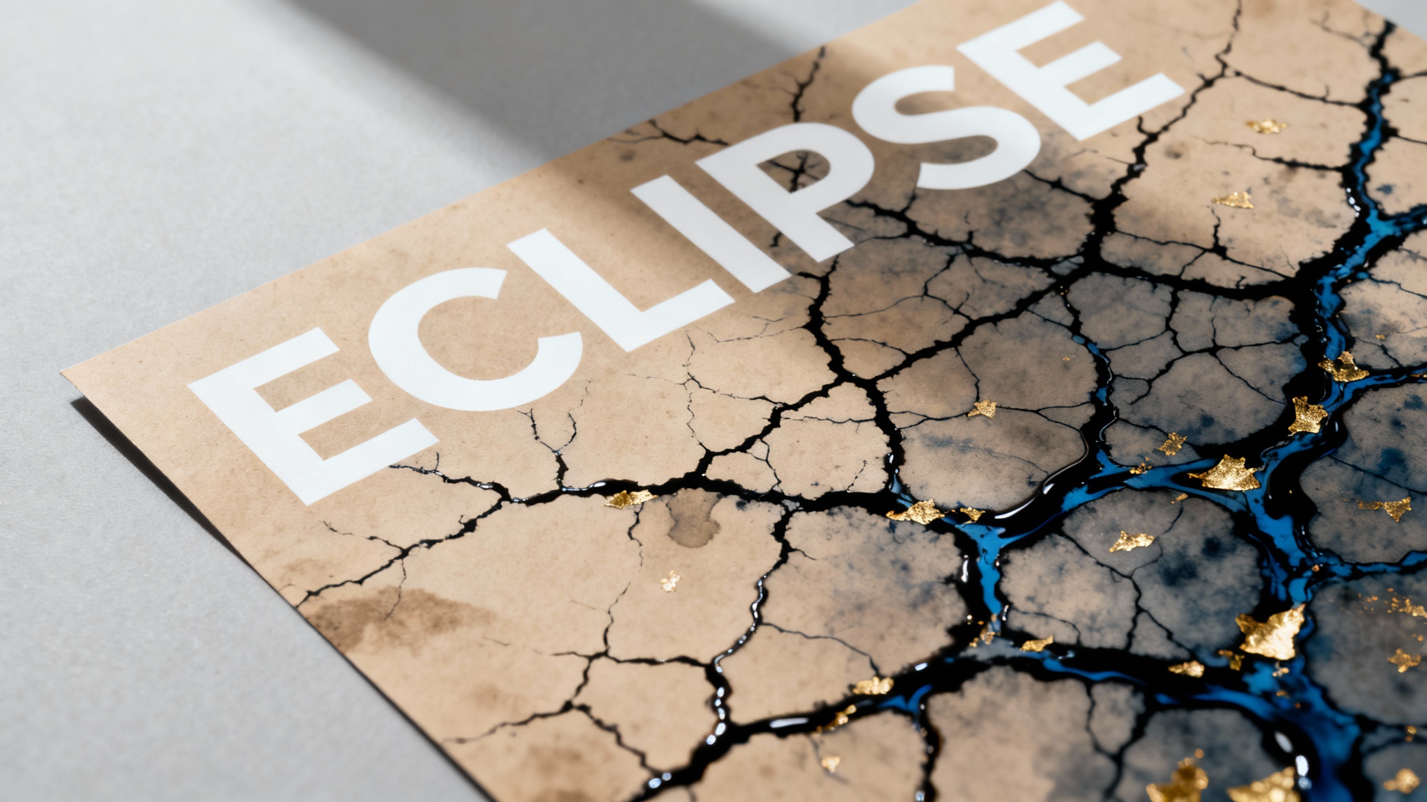 An artistic poster with the word 'ECLIPSE' in bold, centered text, overlaid with a dramatic cracked ink texture in sepia, black, and blue, with hints of gold.