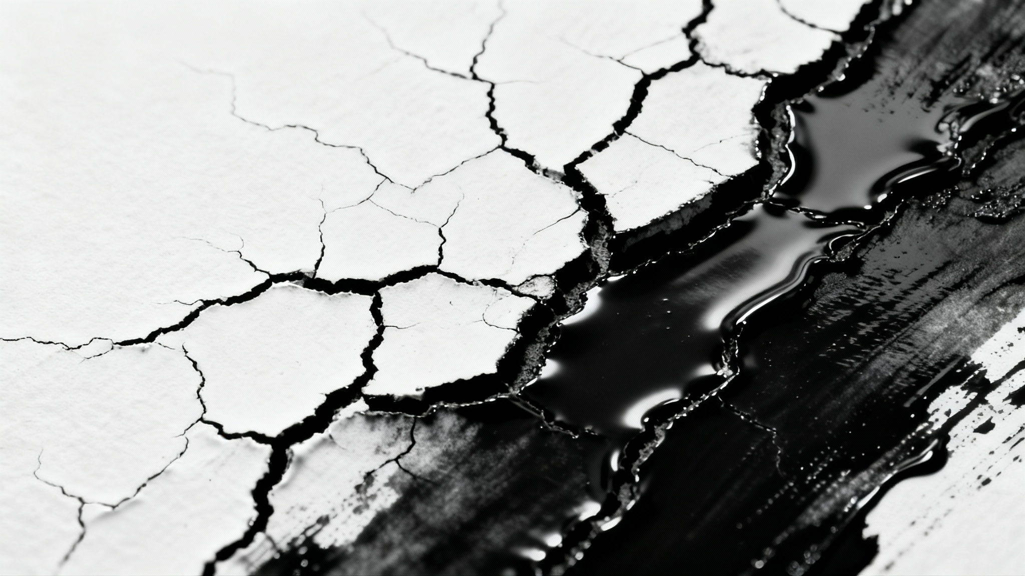 A detailed macro photograph of a black cracked ink texture on a clean white background, with intricate cracks and subtle shadows highlighting its distressed surface.