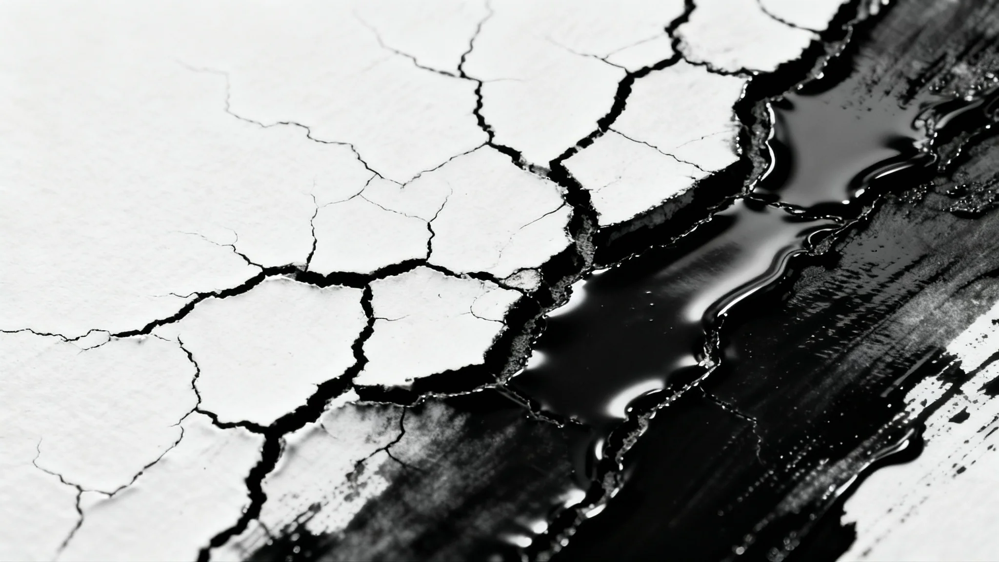 A detailed macro photograph of a black cracked ink texture on a clean white background, with intricate cracks and subtle shadows highlighting its distressed surface.