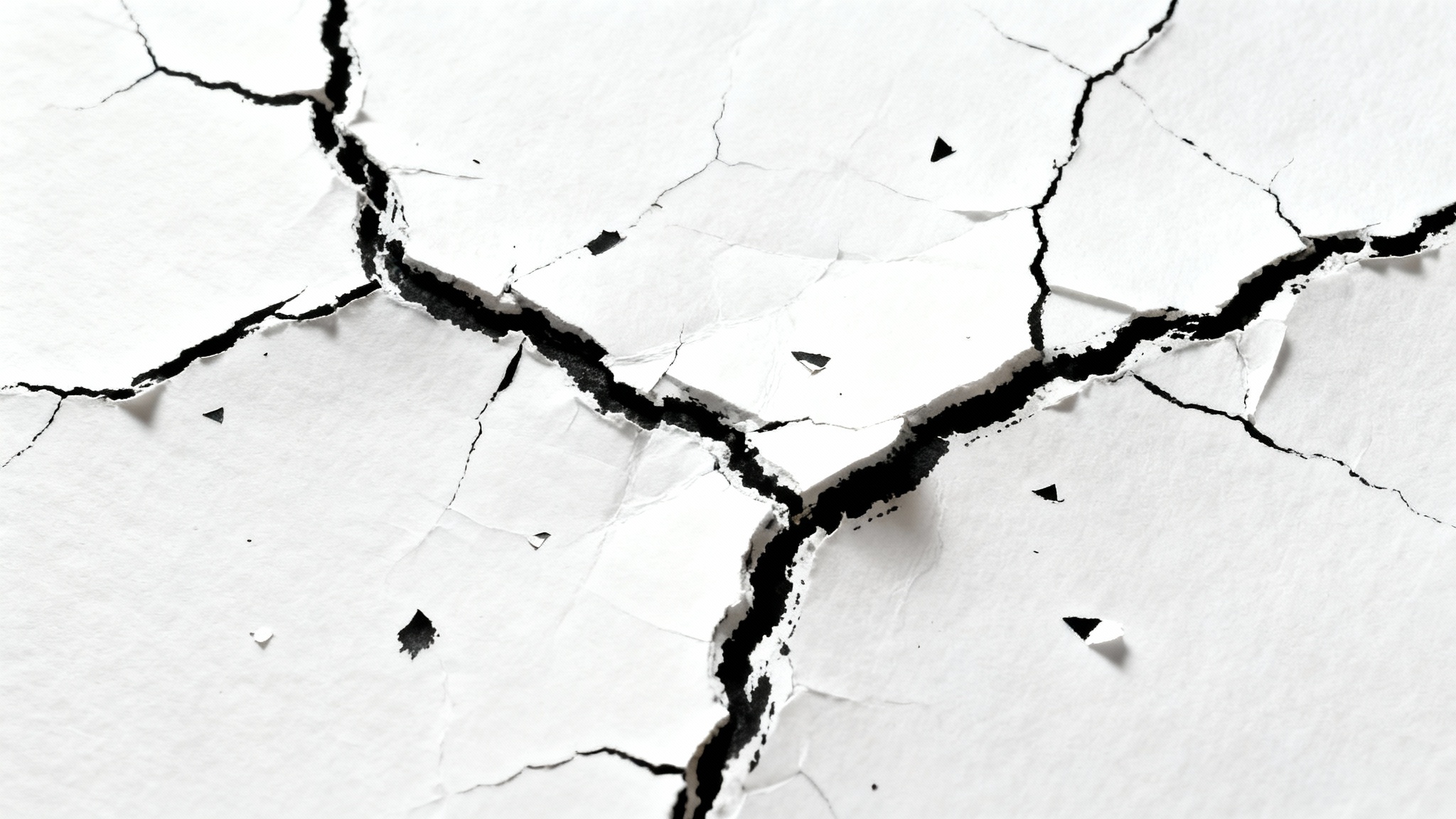 A close-up, high-contrast black and white image showing a cracked ink texture on a white surface, creating a distressed and weathered effect.